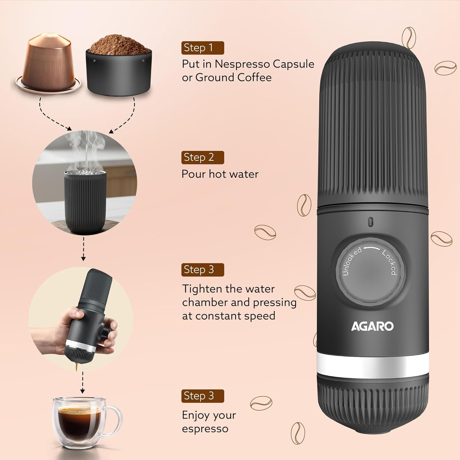 Image of AGARO Elite Portable Espresso Maker, 10-Bar Manual Coffee Machine for Travel Personal Coffee Maker