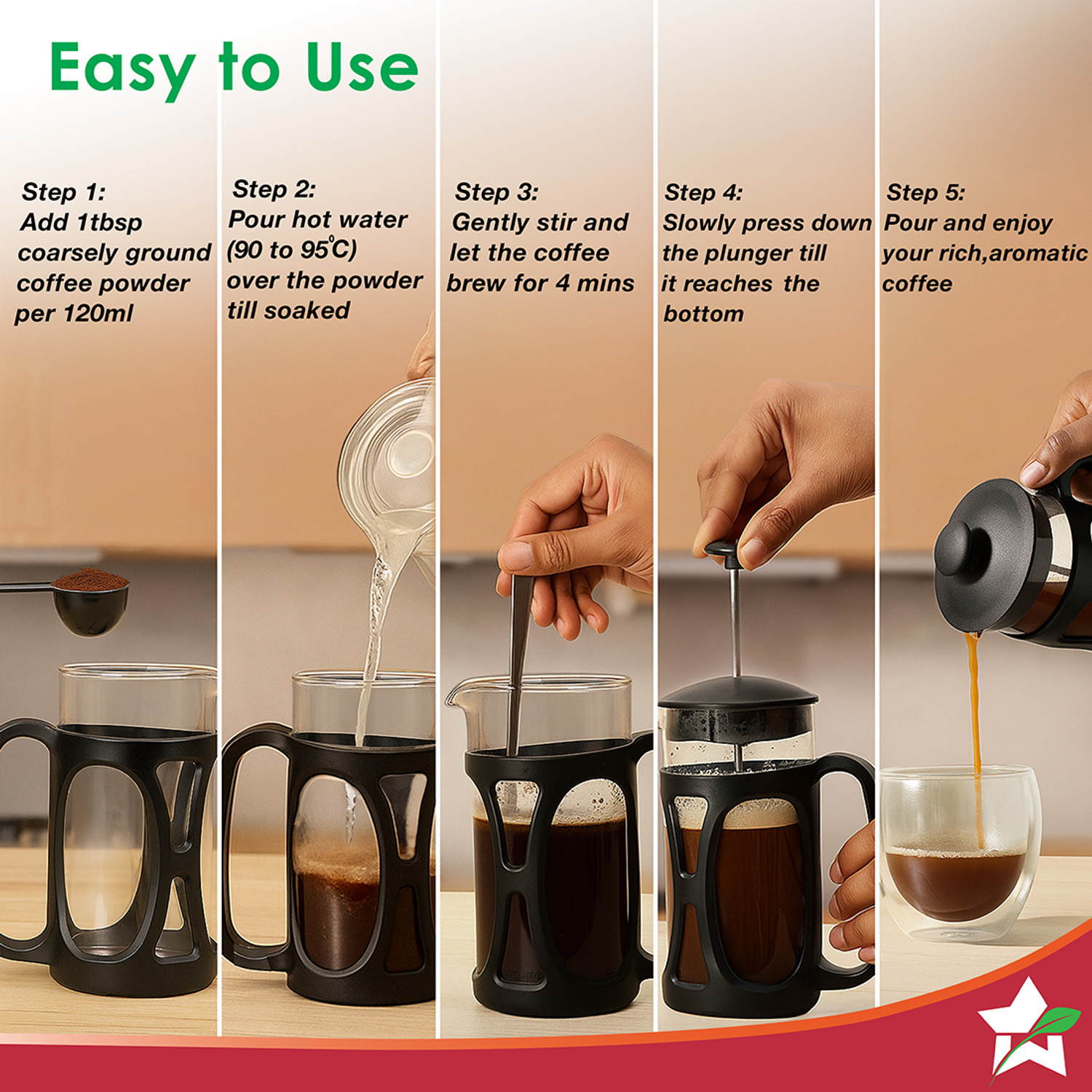 Image of WONDERCHEF French Press Coffee & Tea Maker, 4-level Filtration System for Hot Brews, 600ml, 3 Cups Coffee Maker