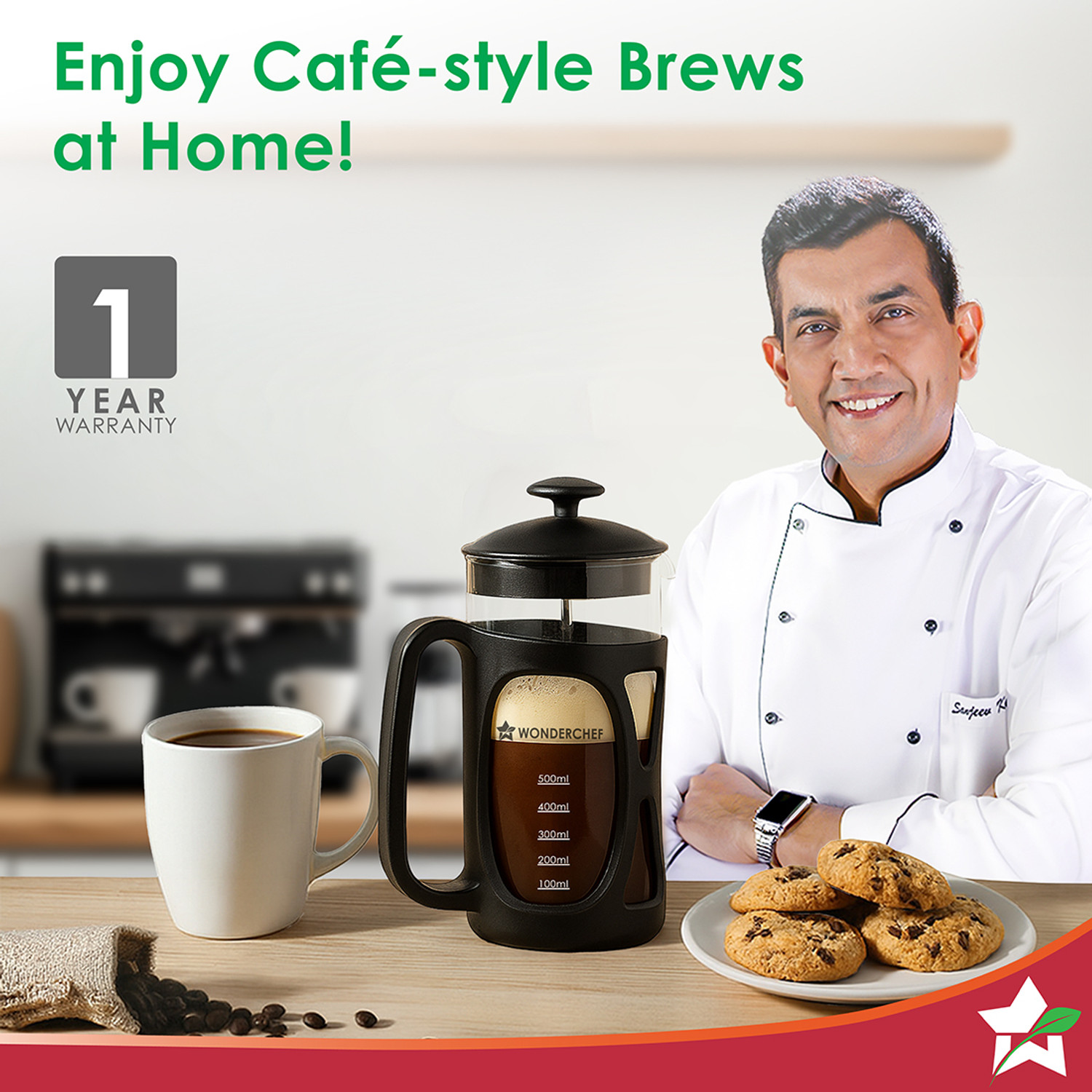 Image of WONDERCHEF French Press Coffee & Tea Maker, 4-level Filtration System for Hot Brews, 600ml, 3 Cups Coffee Maker