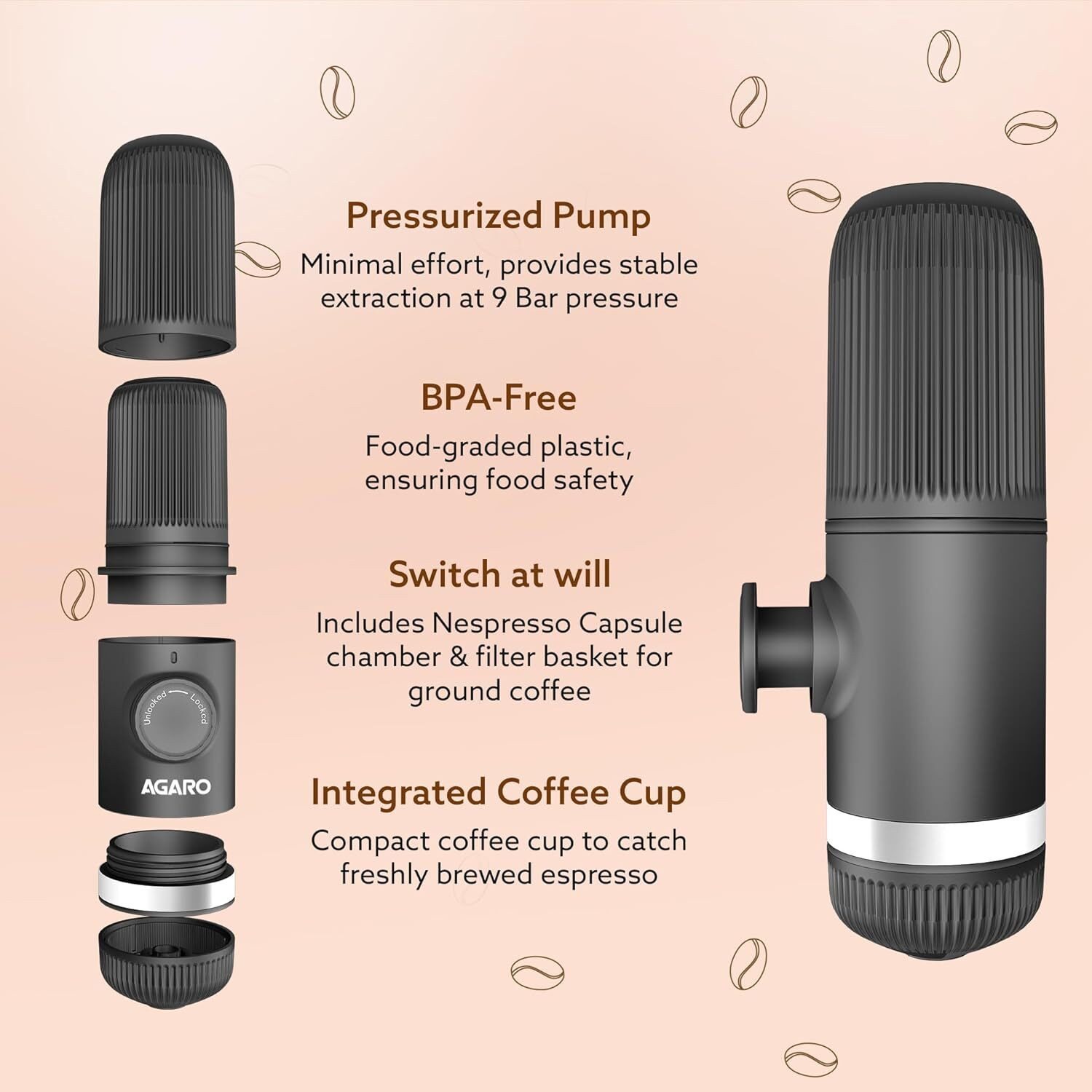 Image of AGARO Elite Portable Espresso Maker, 10-Bar Manual Coffee Machine for Travel Personal Coffee Maker