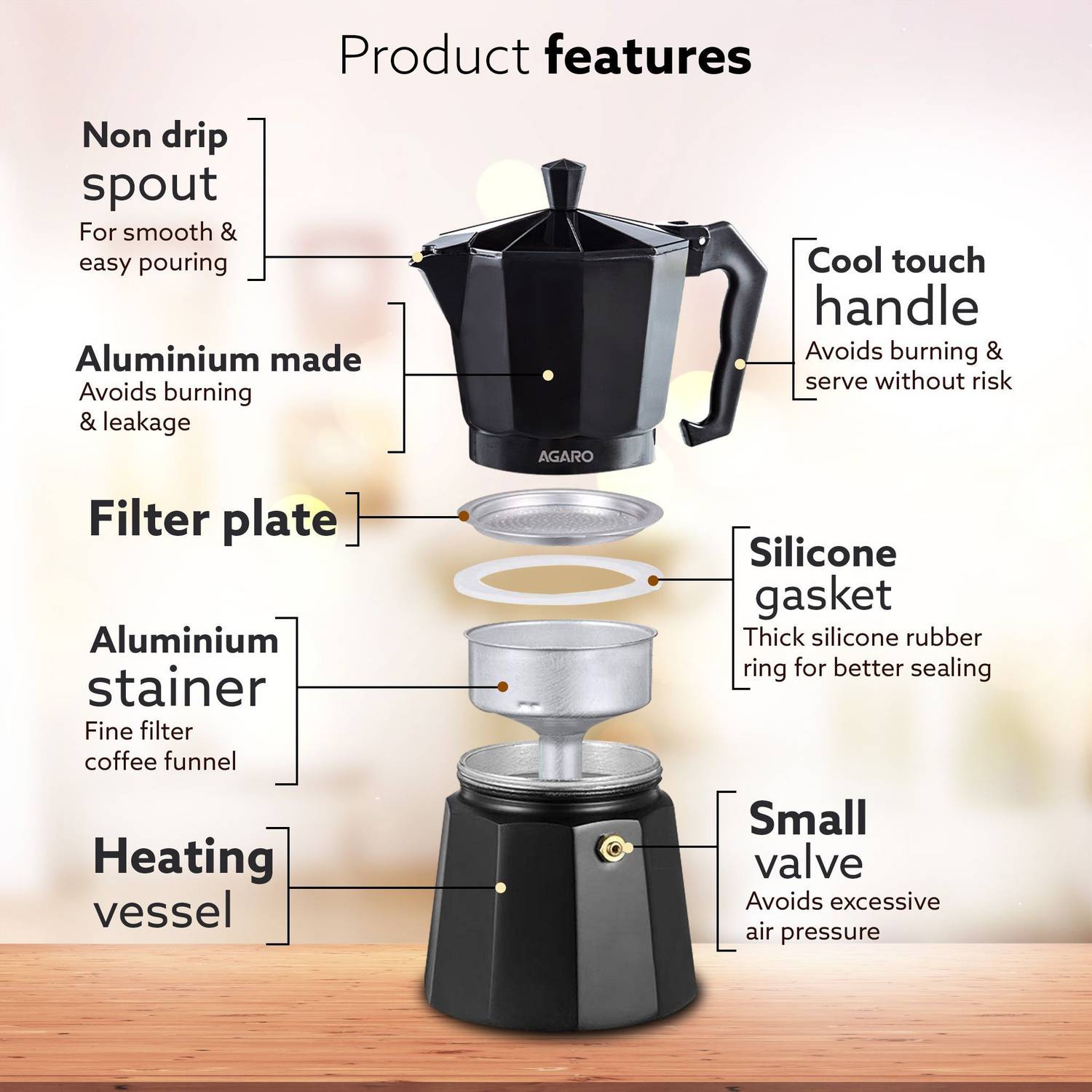 AGARO Classic Moka Pot 6 Cups Coffee Maker - Image 3