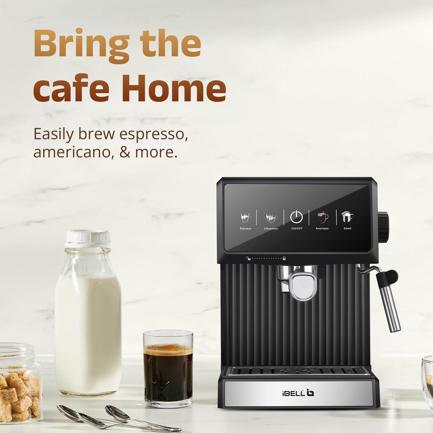Image of iBELL BARISTAMAX200 Coffee Maker, 1200W, Touch Controls, 20 Bar Pump, Steam Wand,1.8 L Coffee Maker
