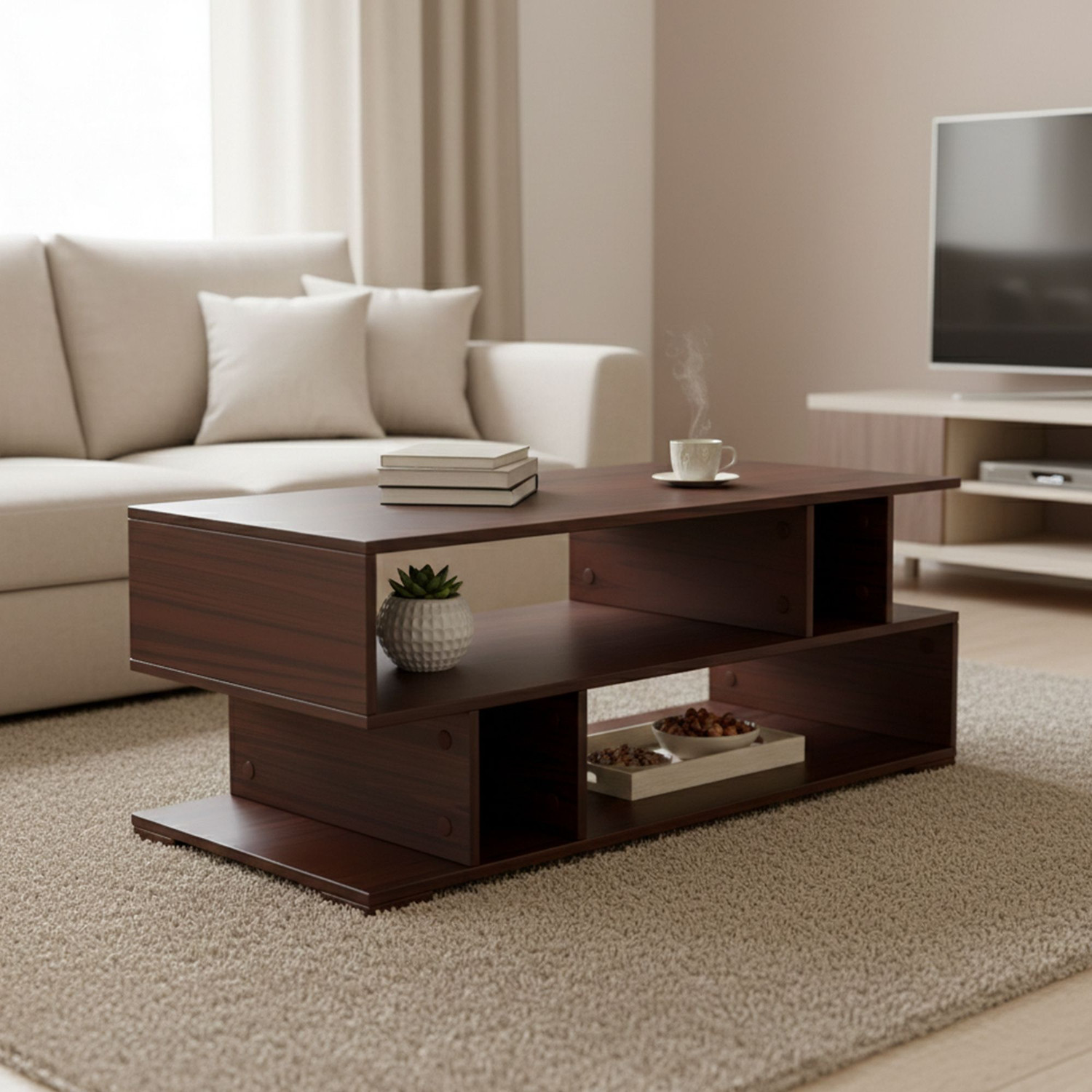 Image of GREEN SOUL Carya XL Coffee Table | 1 Surface Top and 2 Shelves | 105 x 48 x 42 cm Engineered Wood Coffee Table