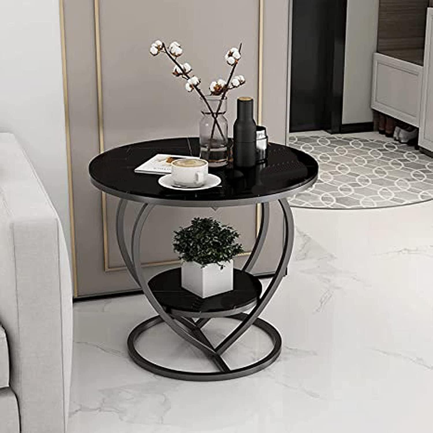 Image of The Flourish Marble Finish Round Coffee Table with Metal Frame & Storage Shelf | Center Table Engineered Wood Coffee Table