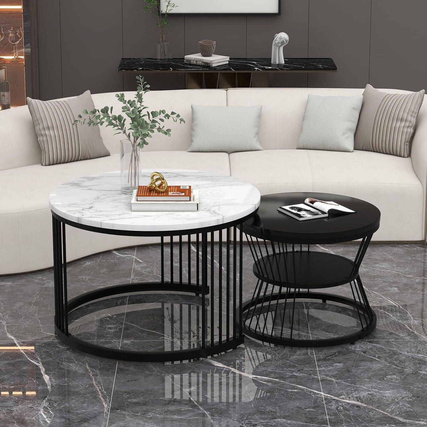 The Evozal Craft Iron Frame Round Coffee Table Set 2 Piece, Nesti