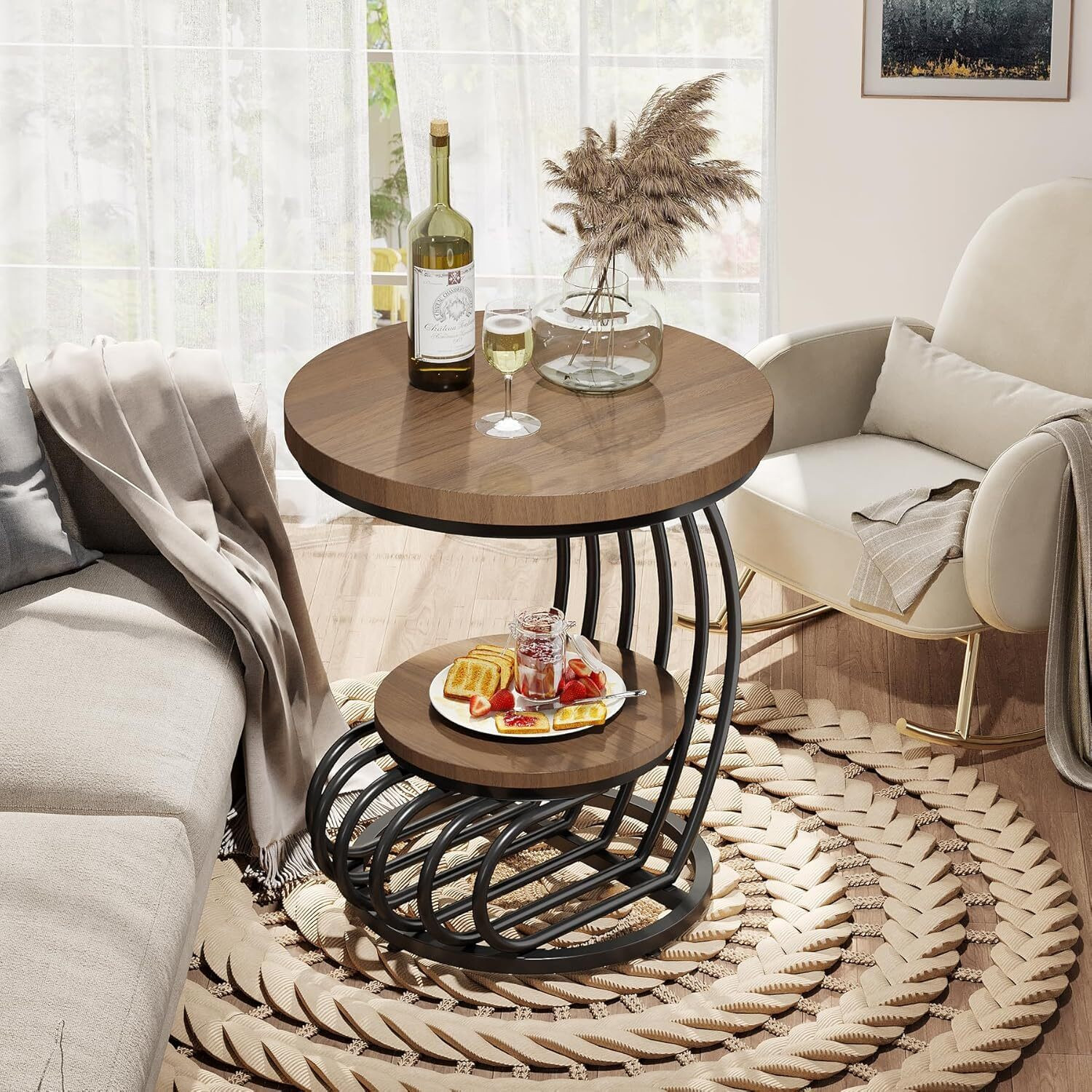 Image of MartDecor Round Marble Top Side Table with Gold Wrought Iron Frame & Storage 16x20 Inch Engineered Wood Coffee Table