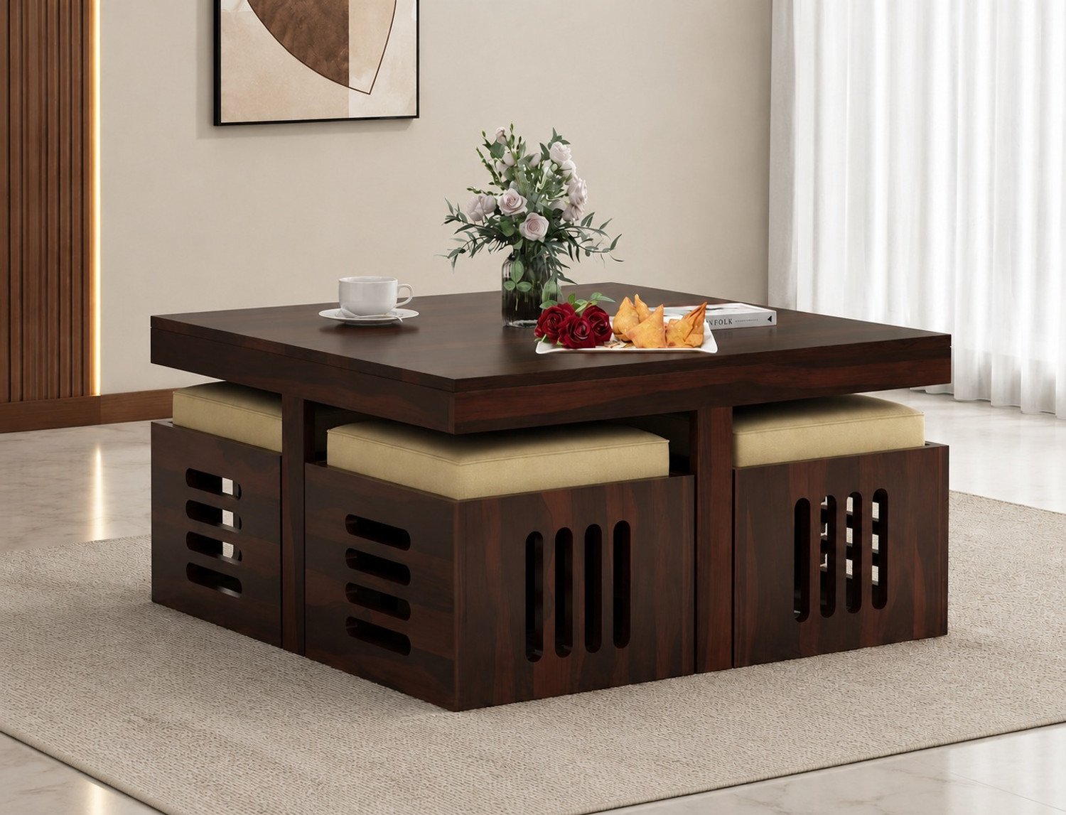 Image of Devsignature Sheesham Wood Center Table With Stool /Wooden Coffee Table For Home Solid Wood Coffee Table (Finish Color - WALNUT FINISH, Pre-assembled)