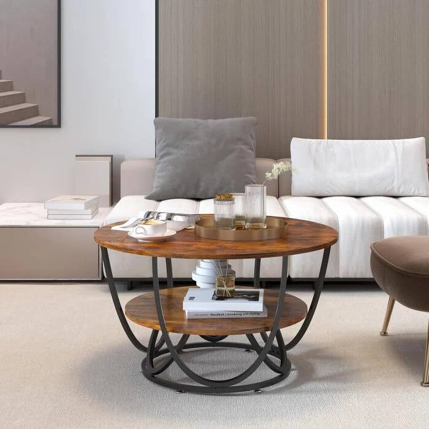 Artisanvibes Luxury Round Coffee Table with Marble Finish Top & Golden Metal Frame – 2-Tier Engineered Wood Coffee Table