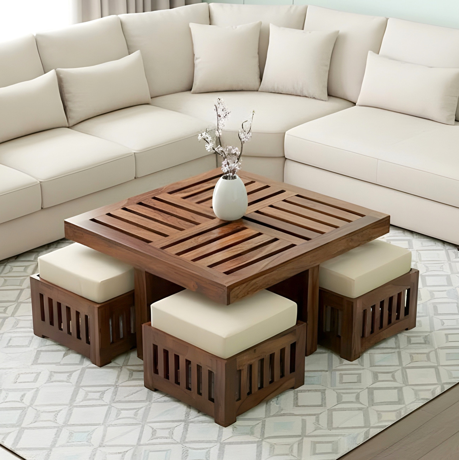 Image of Flipkart Perfect Homes Rosewood (Sheesham) Center Table With 4 Stool Solid Wood Coffee Table