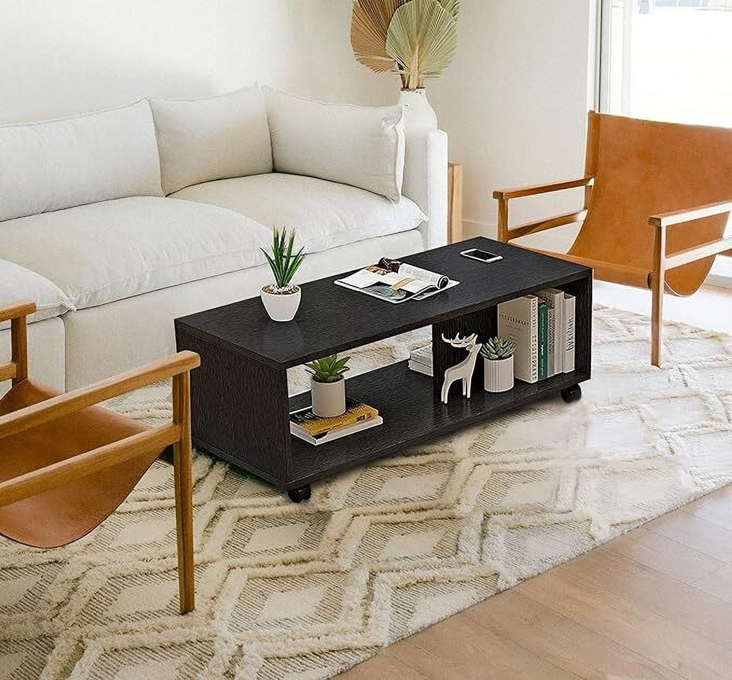 Image of LUKZER Center Table with Wheels Open Storage Organizer (CT-003) Engineered Wood Coffee Table