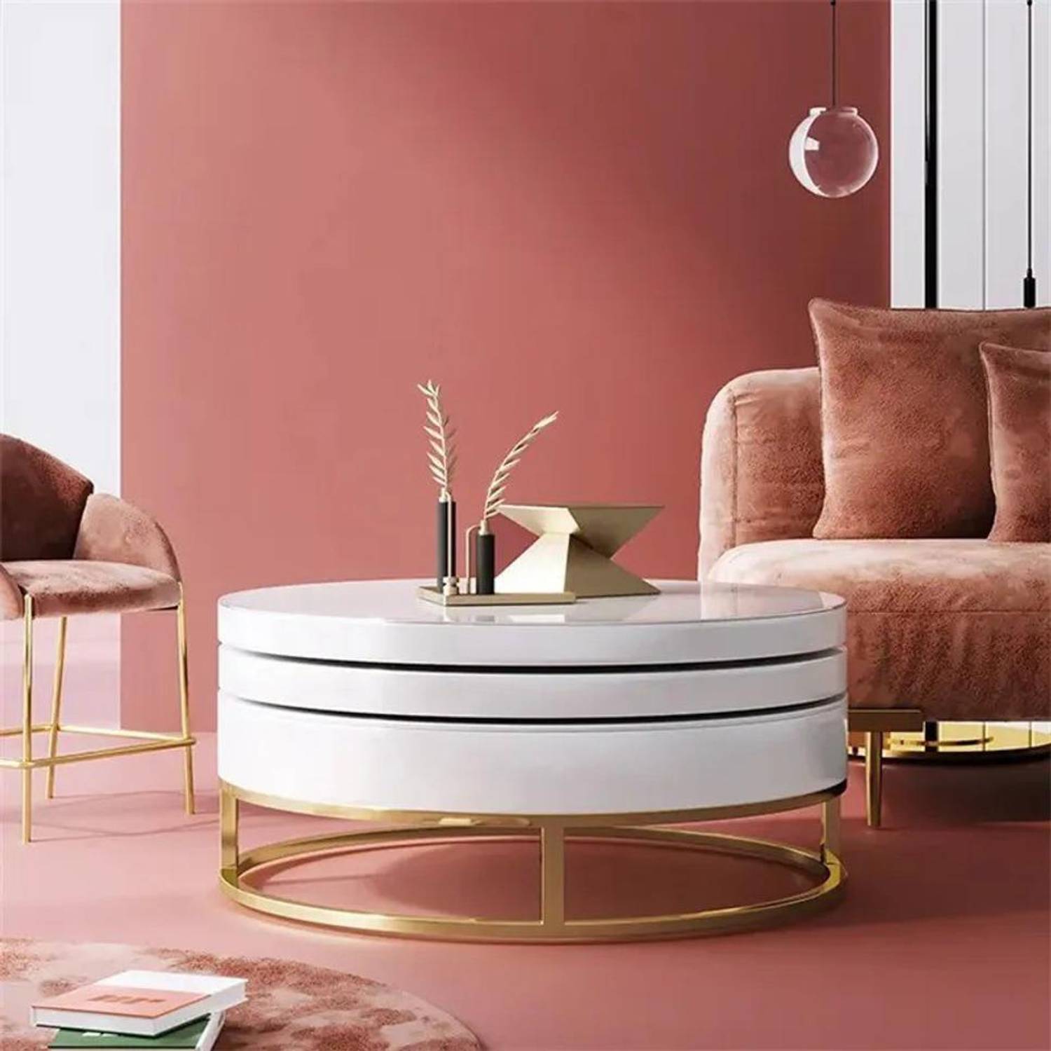 NG Decor White Round Modern Wood Swivel Coffee Table/center table