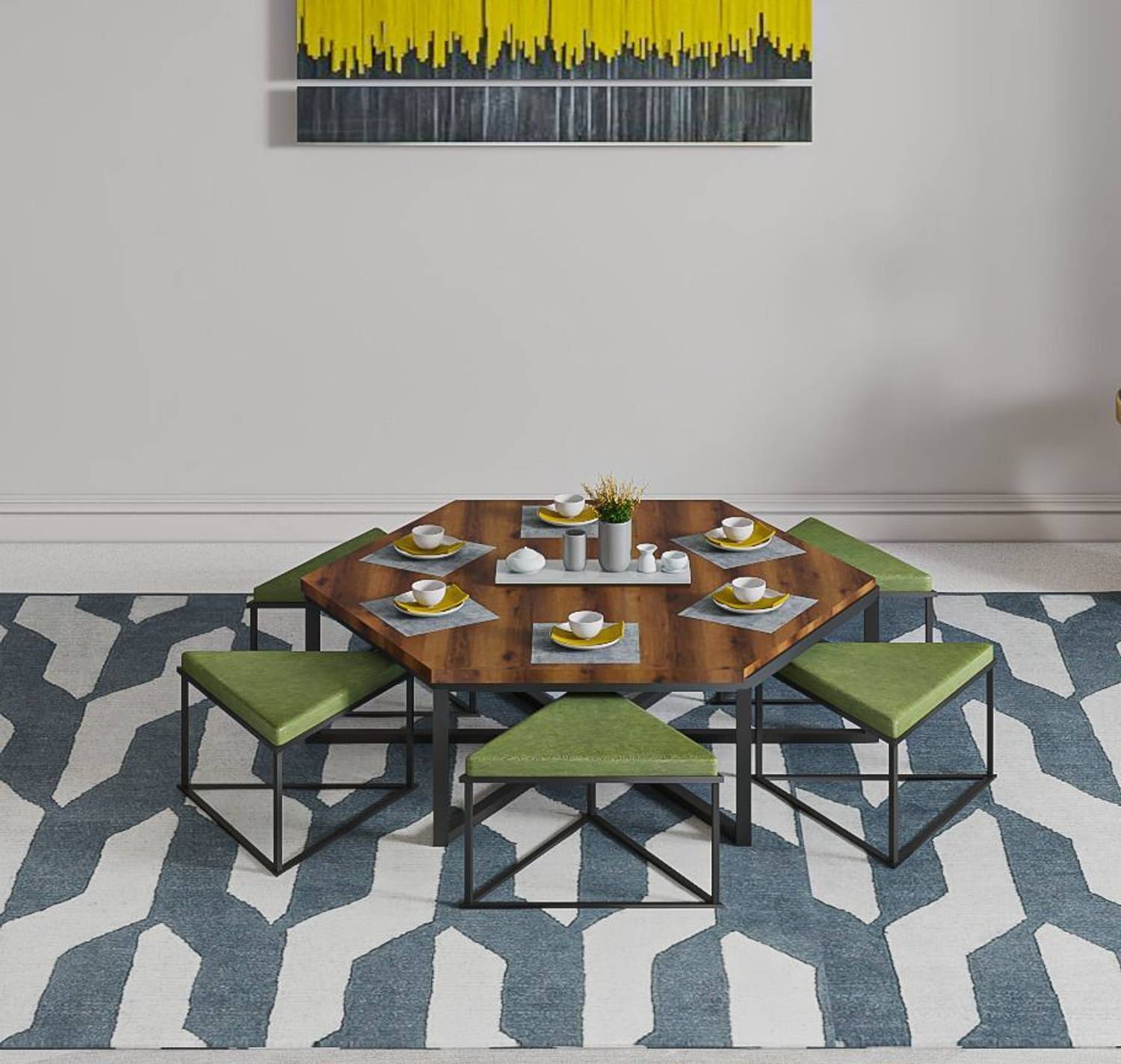 Anishwar Hexagon Wooden And Metal Center Table Engineered Wood Coffee Table
