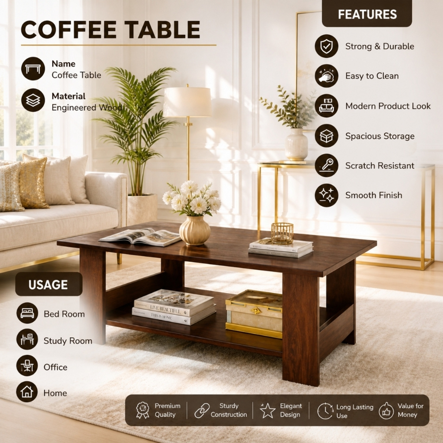 Image of Flipkart Perfect Homes Multipurpose Coffee Table, Console Table, Sofa Table Easy To Assemble Engineered Wood Coffee Table