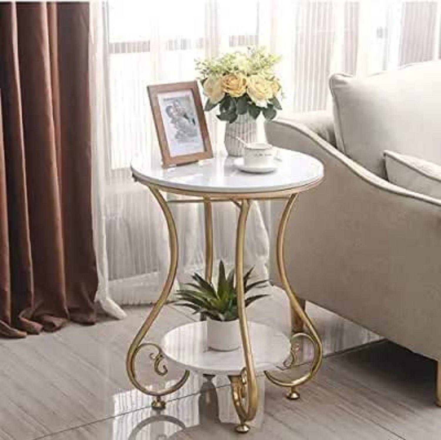 Wellwoodmart Luxury Gold Metal Coffee Table with Marble Top & Sto