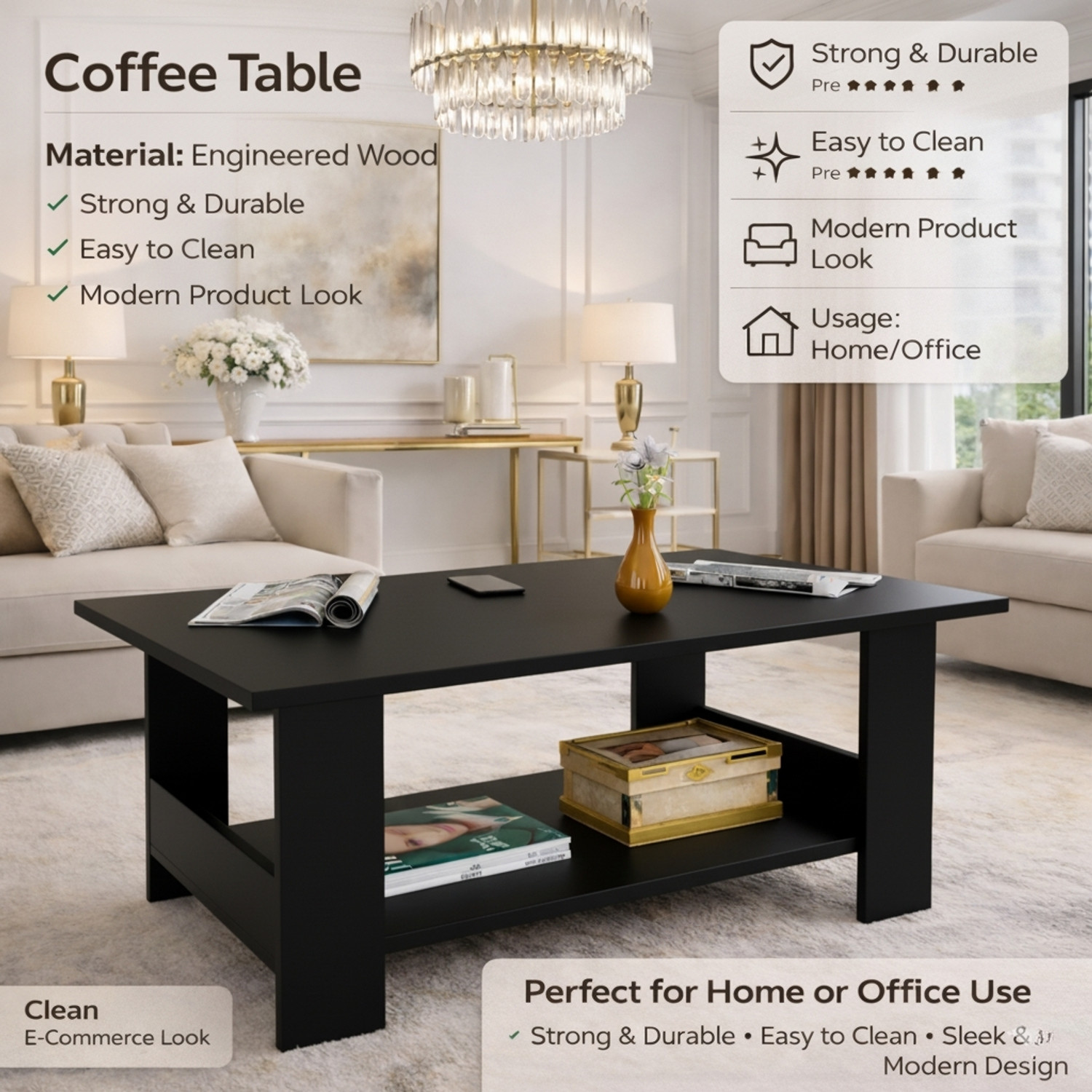 Image of Flipkart Perfect Homes Multipurpose Coffee Table, Console Table, Sofa Table Easy To Assemble Engineered Wood Coffee Table