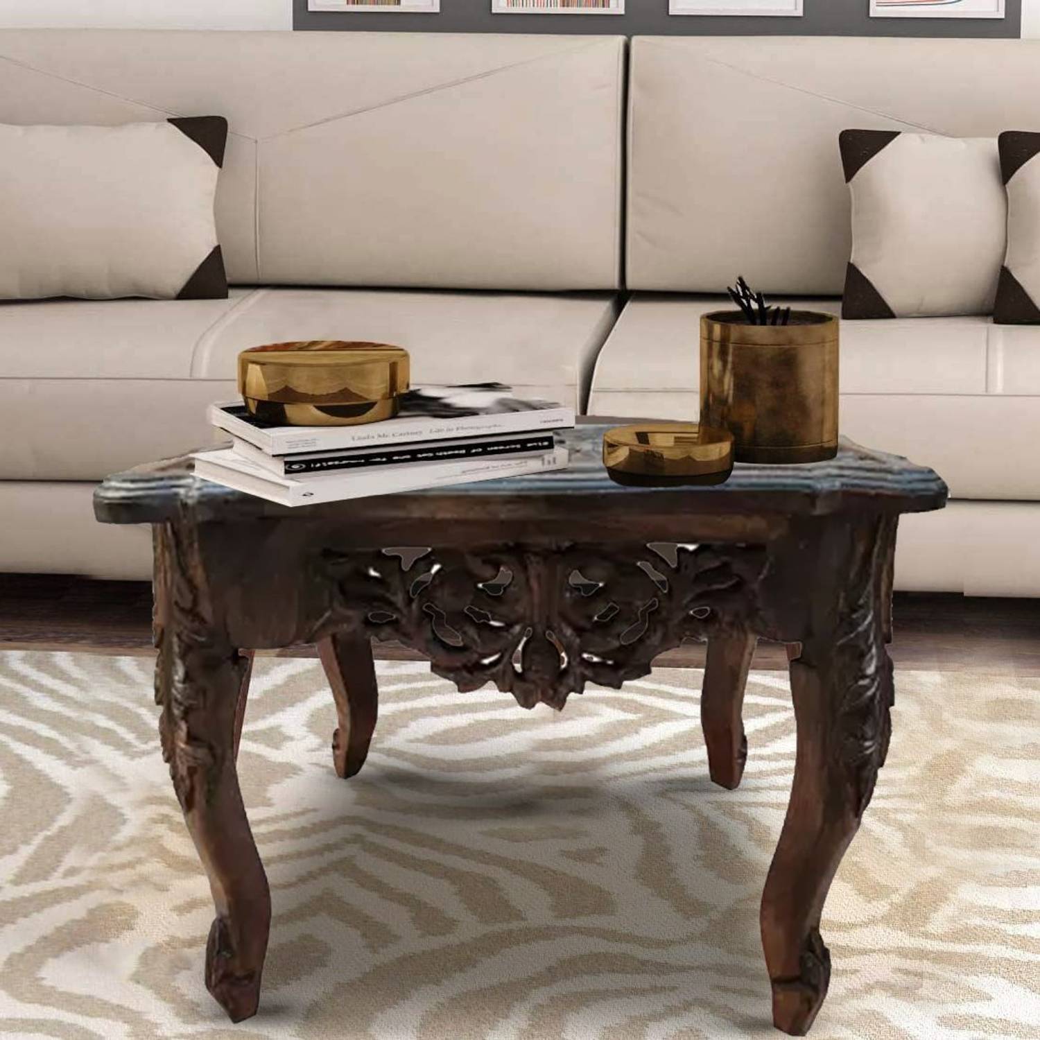 W.S.HANDICRAFTS Wooden Stool (Mango Wood) in carving design for R