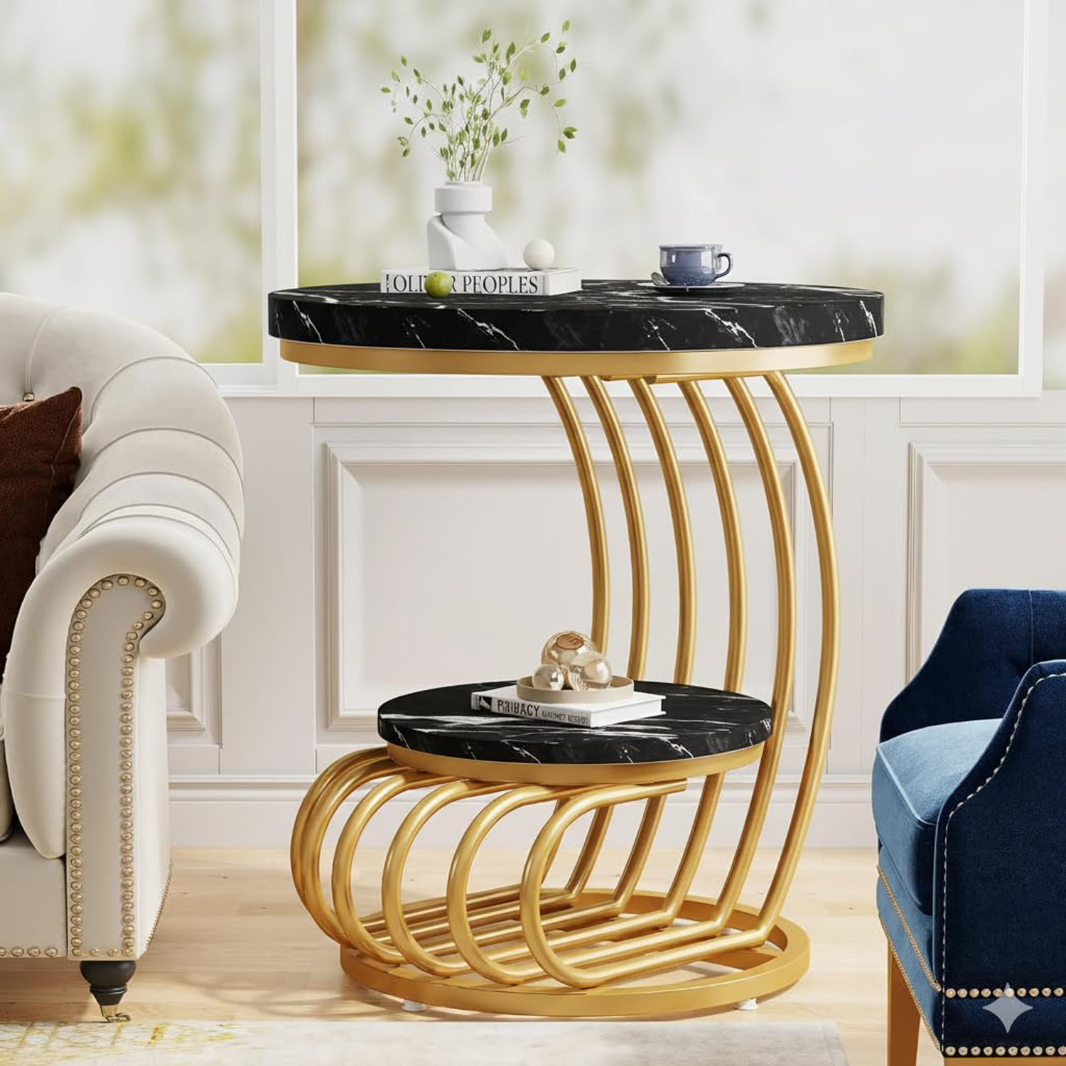 Image of ENIQE STORE ENIQE STORE Dual Level Luxury Coffee Table ( Golden & Black ) Engineered Wood Coffee Table