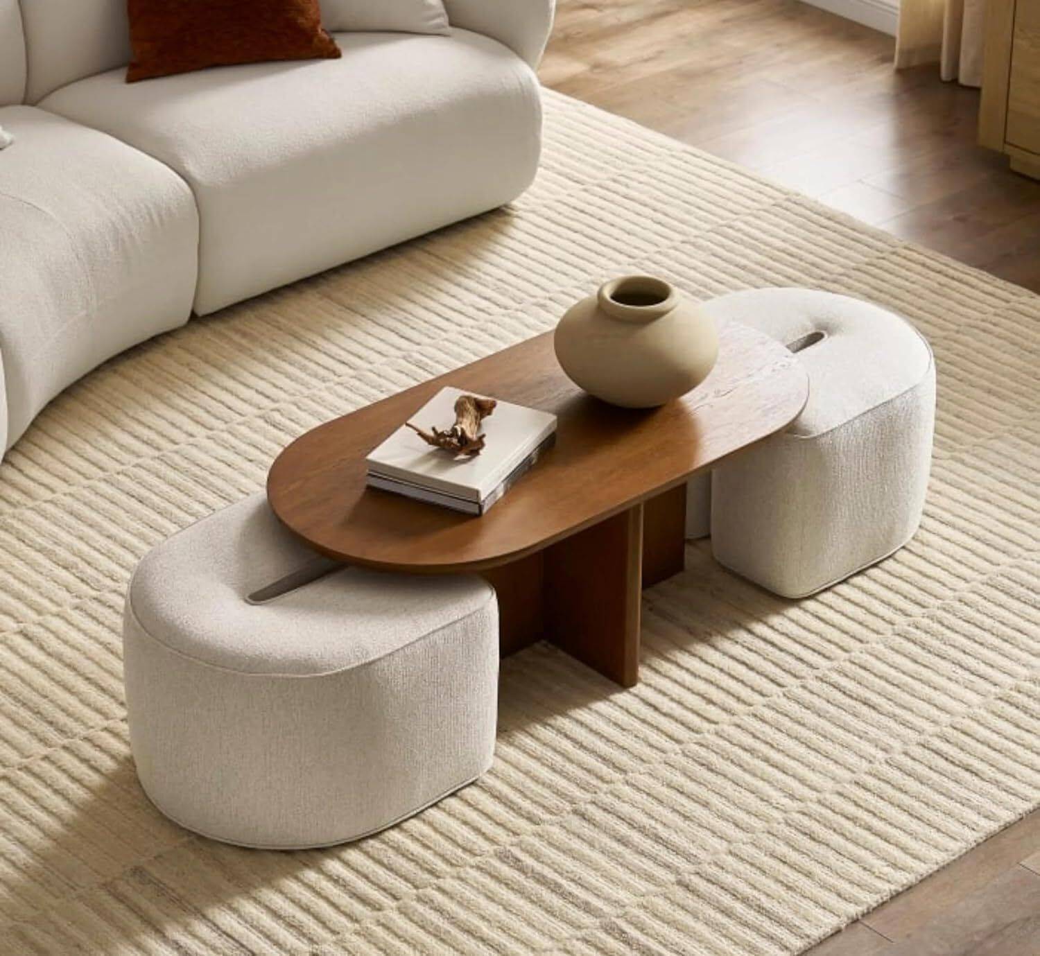GSWOOD Mango Wood Coffee Table with 2 Stools Space Saving Patio T