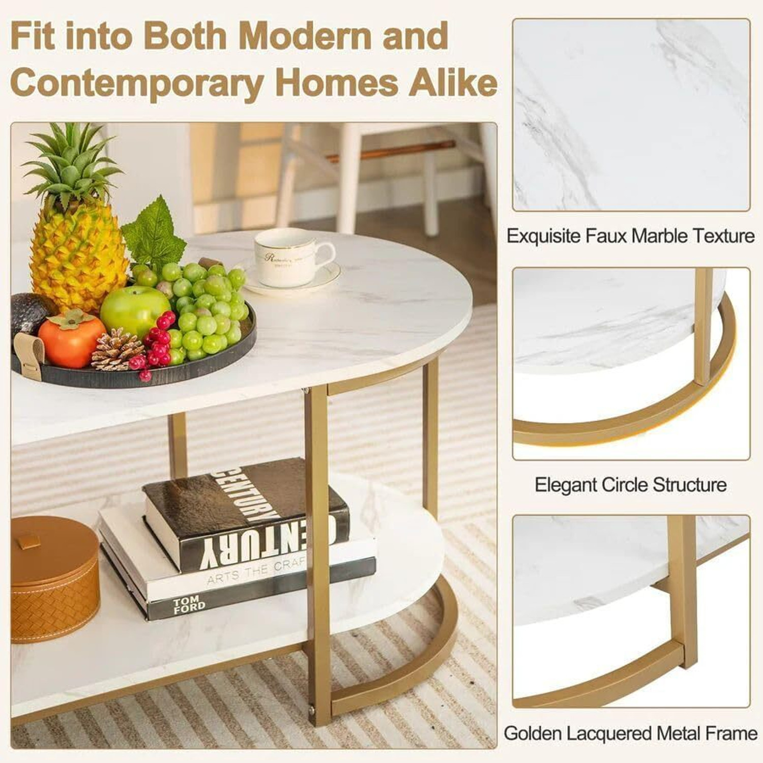 Image of gifto shoppee Modern Oval Coffee Table with Storage,Wooden Center Table with Metal Frame, Engineered Wood Coffee Table