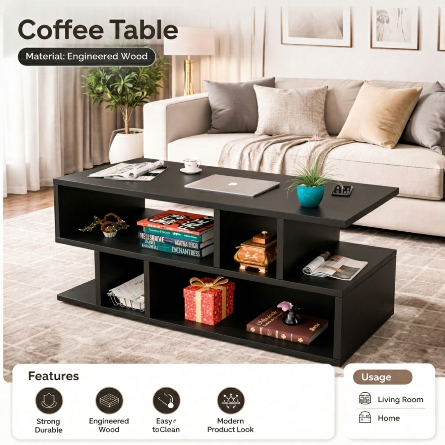 Image of Flipkart Perfect Homes Engineered Wood Coffee Table (Finish Color - Black, DIY(Do-It-Yourself))
