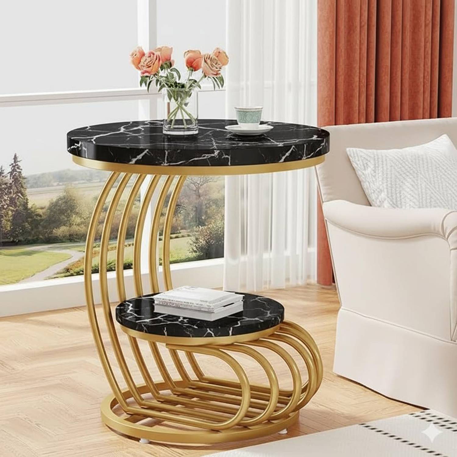 ENIQE STORE Dual Level Luxury Coffee Table ( Golden & Black ) Eng