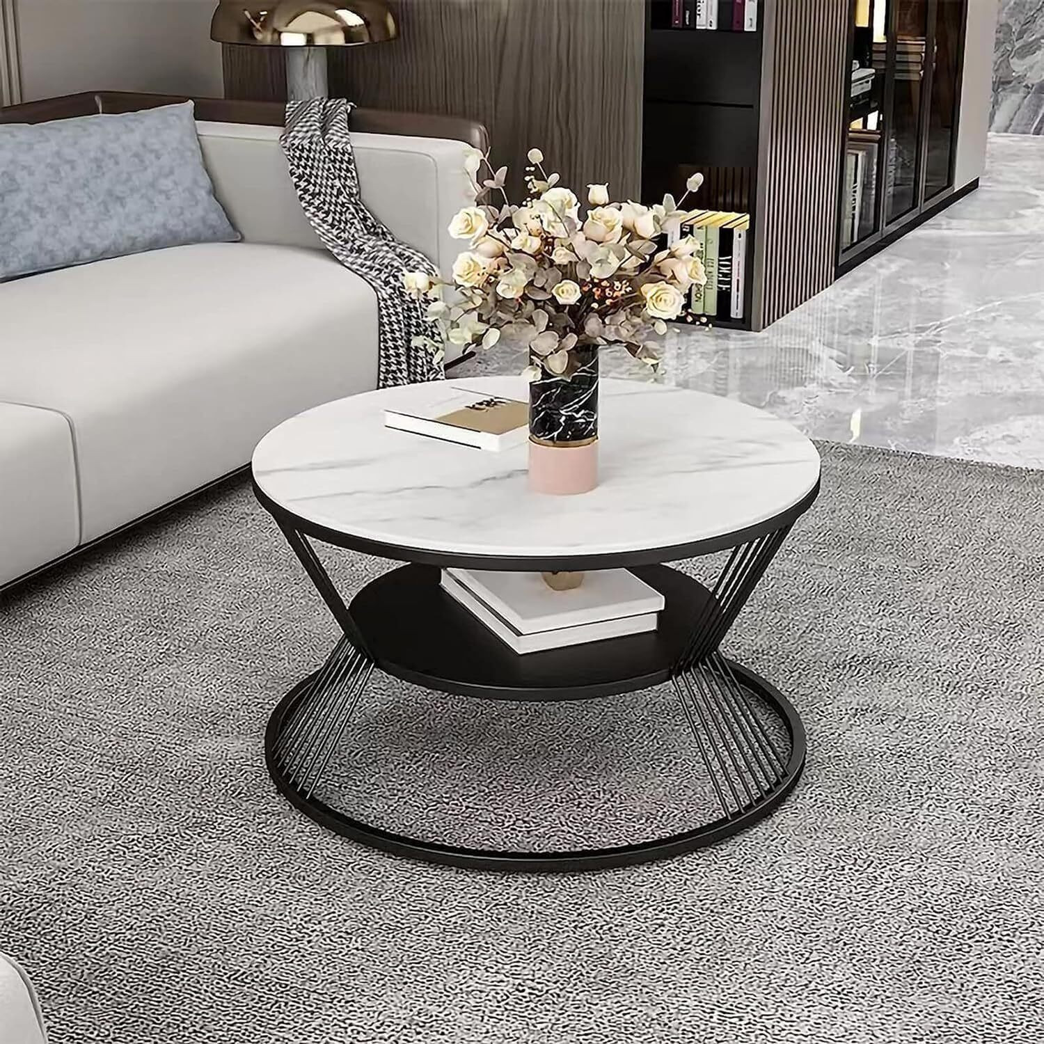 Image of Yusha handicrafts 2-Tier Round Coffee Table with Open Storage Shelf Engineered Wood Coffee Table