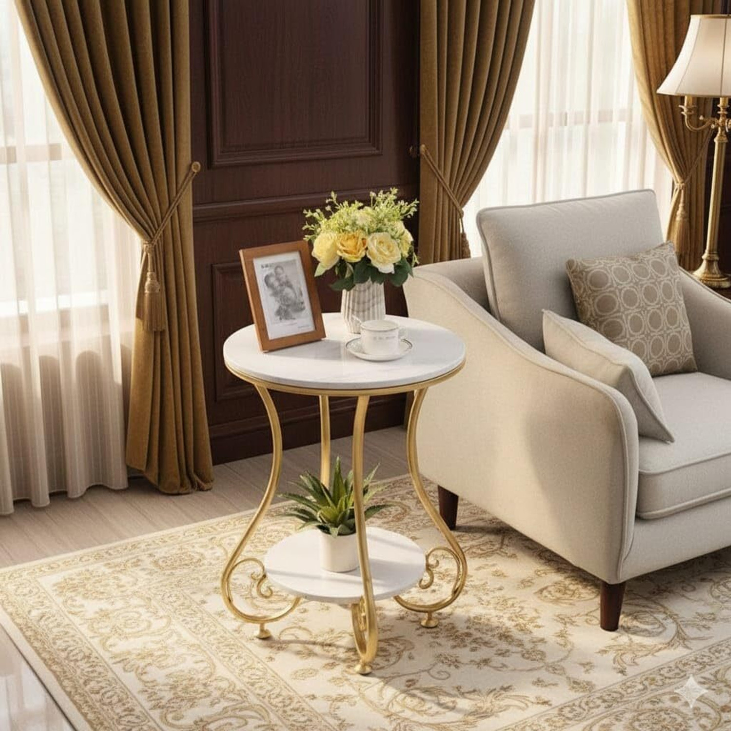 Image of Rahat Handicraft Engineered Wood Side Table (Finish Color - Golden & White, Pre-assembled)
