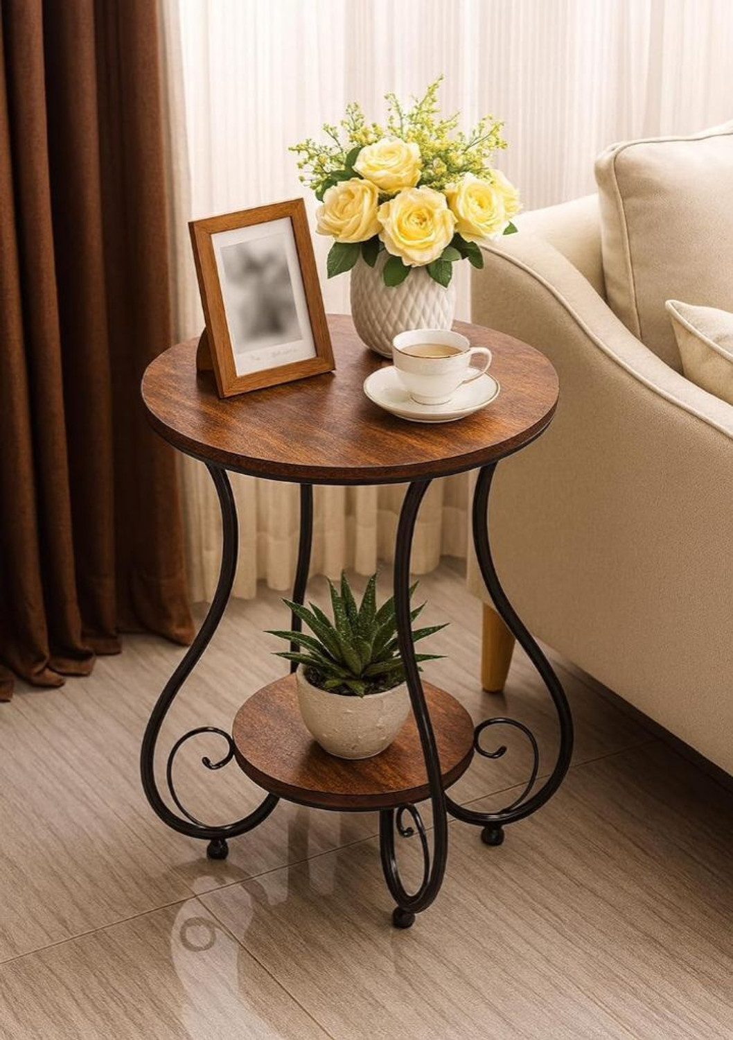 Image of Vuhome Round Coffee Table With Antique MDF Top For Living Room Engineered Wood Coffee Table