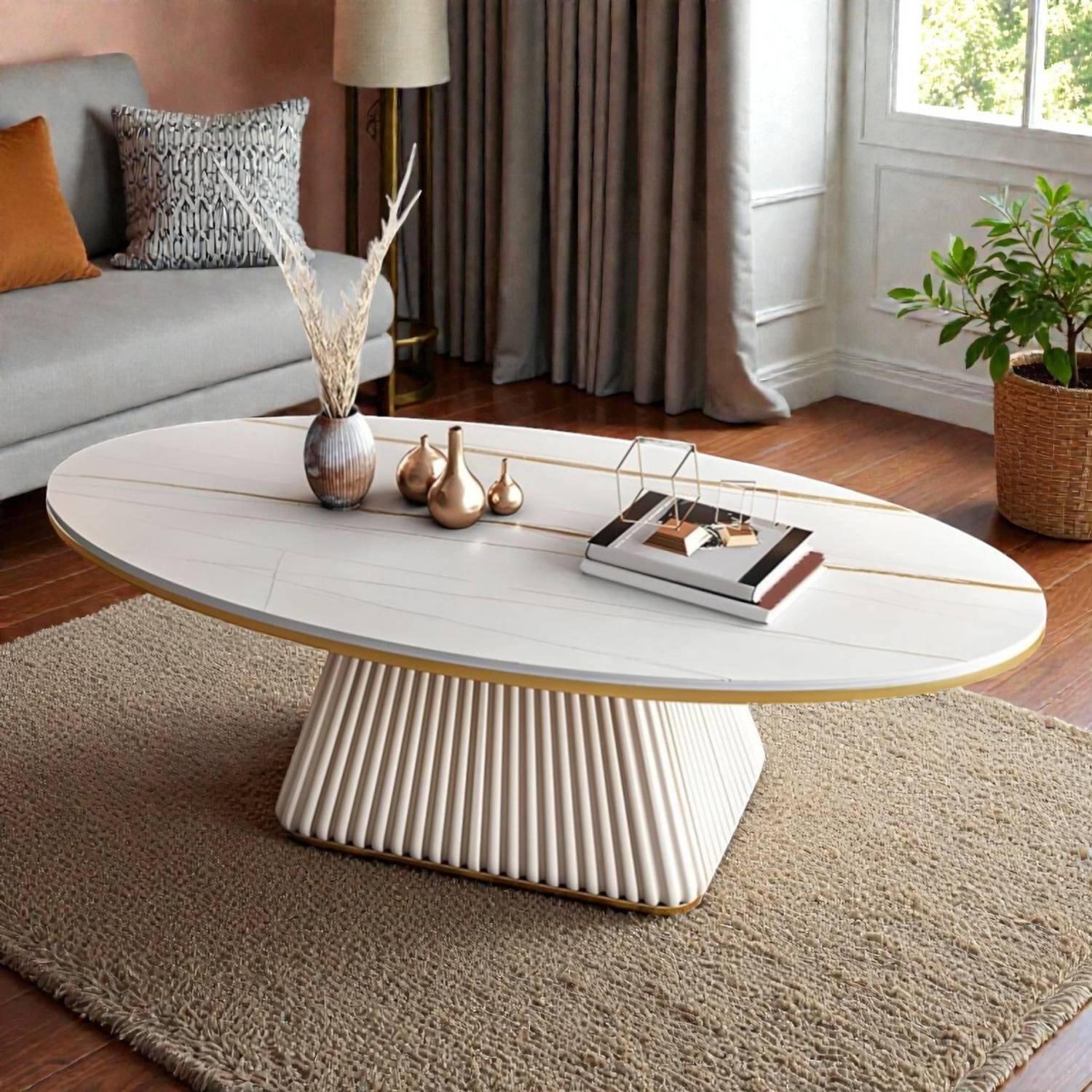 Tanush Furnitures Modern Oval Fluted Coffee Table in Ivory Matte