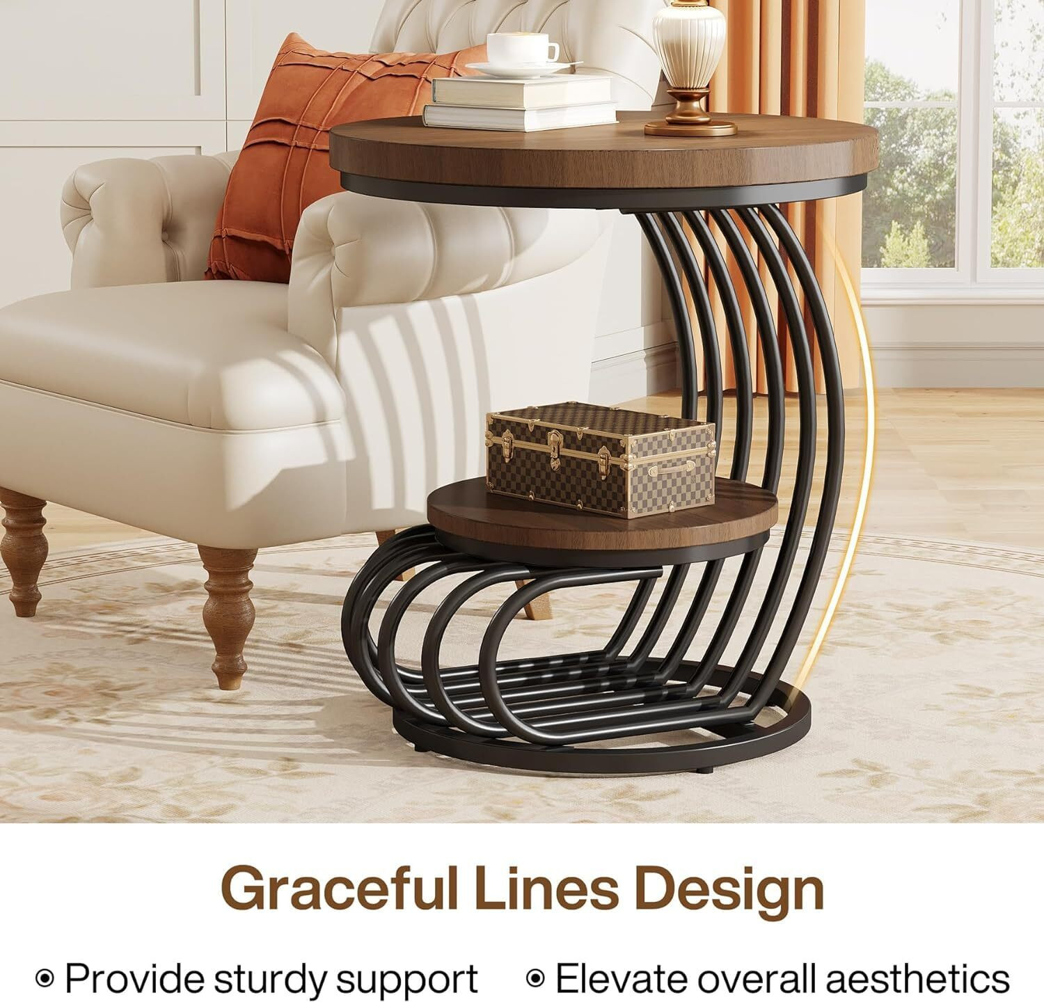 Image of MartDecor Round Marble Top Side Table with Gold Wrought Iron Frame & Storage 16x20 Inch Engineered Wood Coffee Table