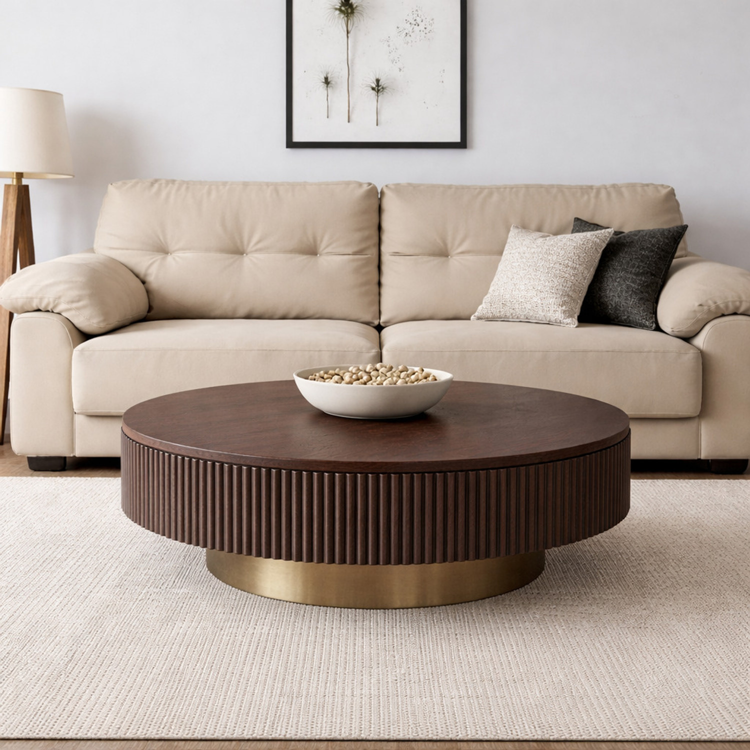 Image of Tanush Furnitures Modern Round Tambour Coffee Table with Fluted Wood Base Engineered Wood Coffee Table