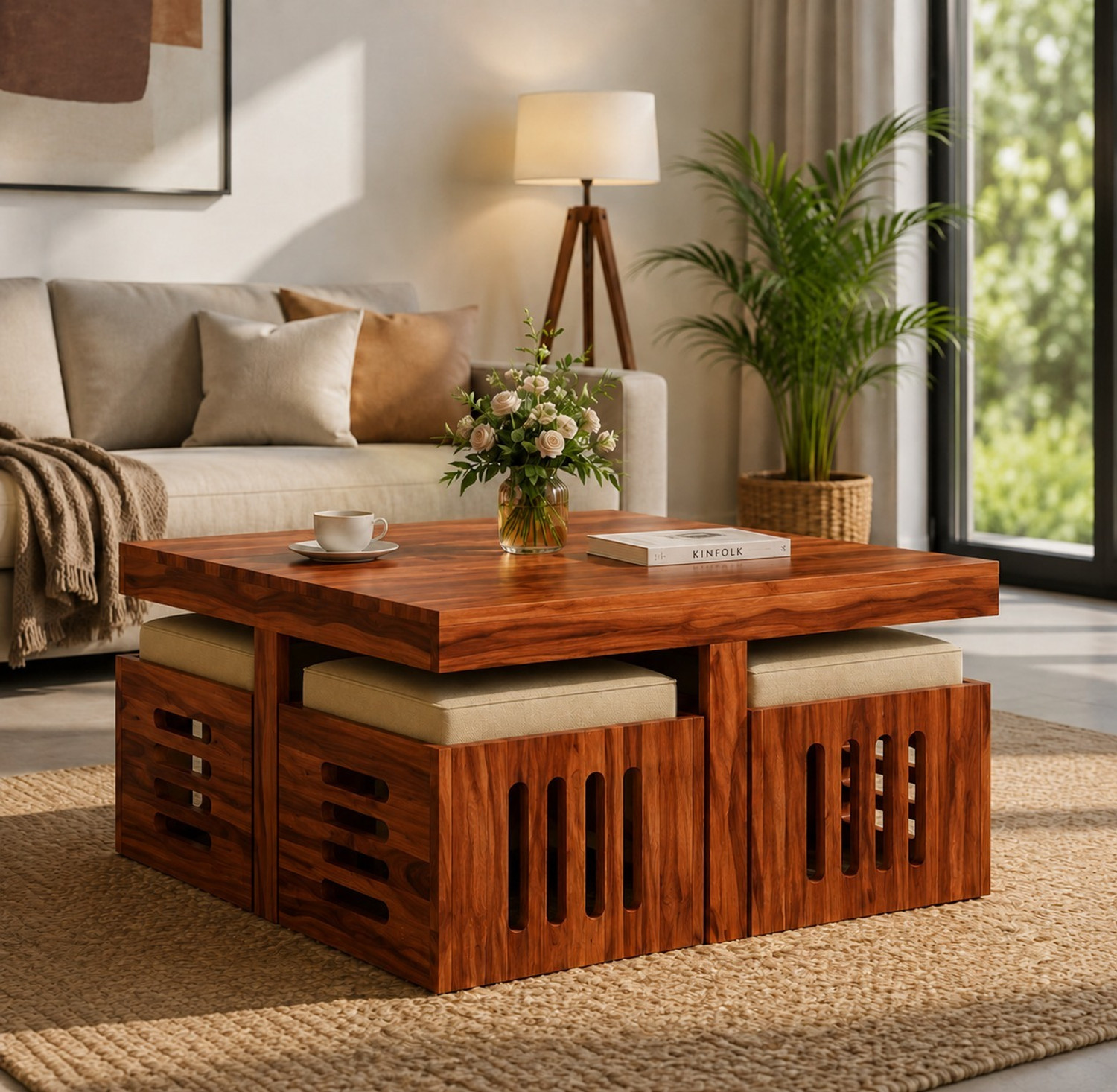 Image of Devsignature Sheesham Wood Center Table With Stool /Wooden Coffee Table For Home Solid Wood Coffee Table (Finish Color - NATURAL FINISH, Pre-assembled)