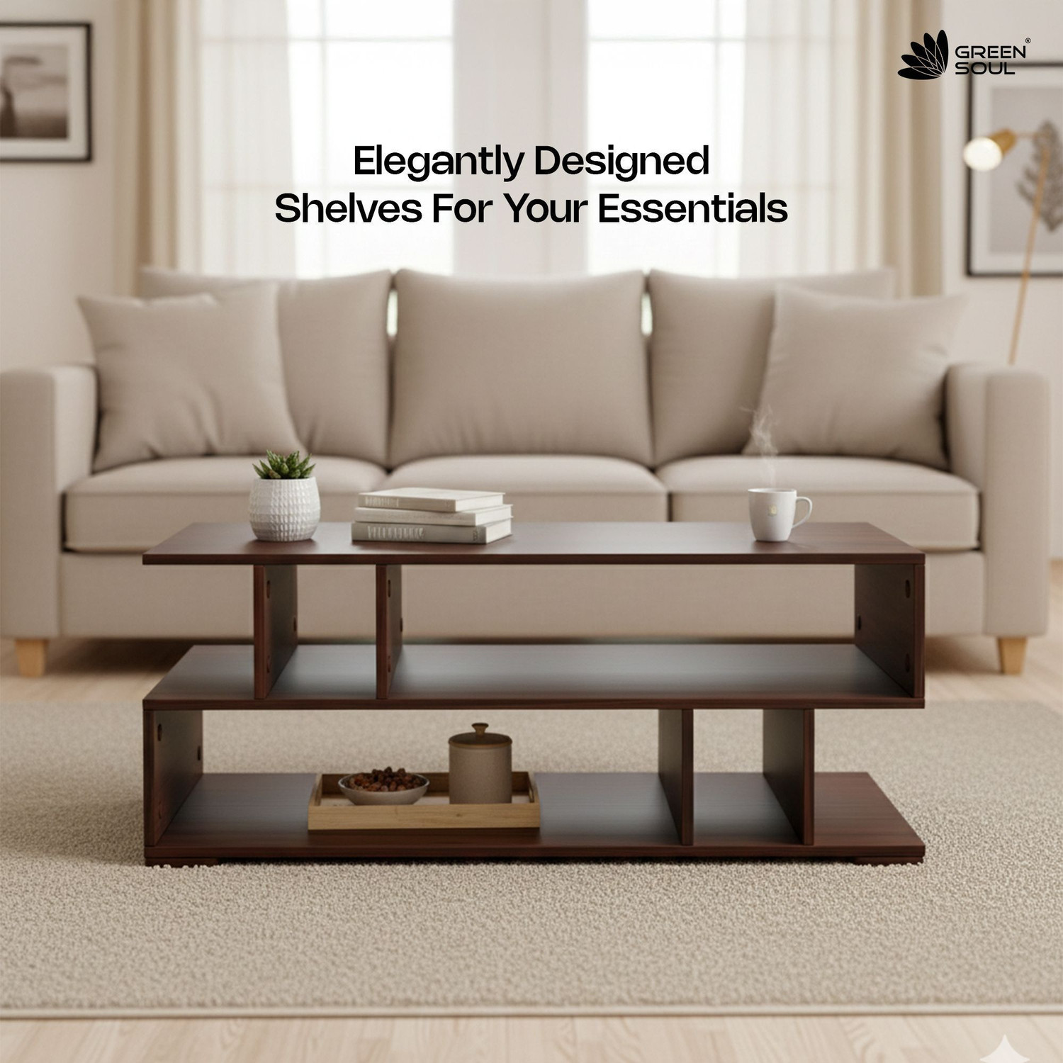 Image of GREEN SOUL Carya XL Coffee Table | 1 Surface Top and 2 Shelves | 105 x 48 x 42 cm Engineered Wood Coffee Table