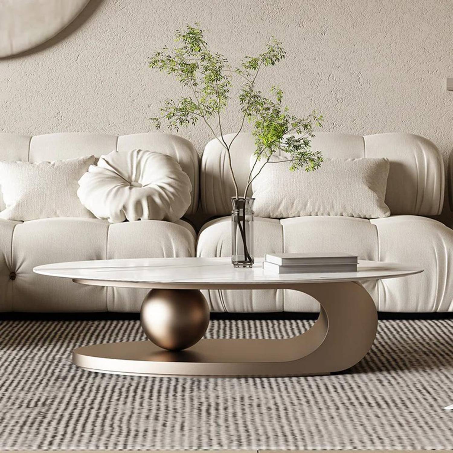 NG Decor White Oval Coffee Centre Table with White Marble top Sto
