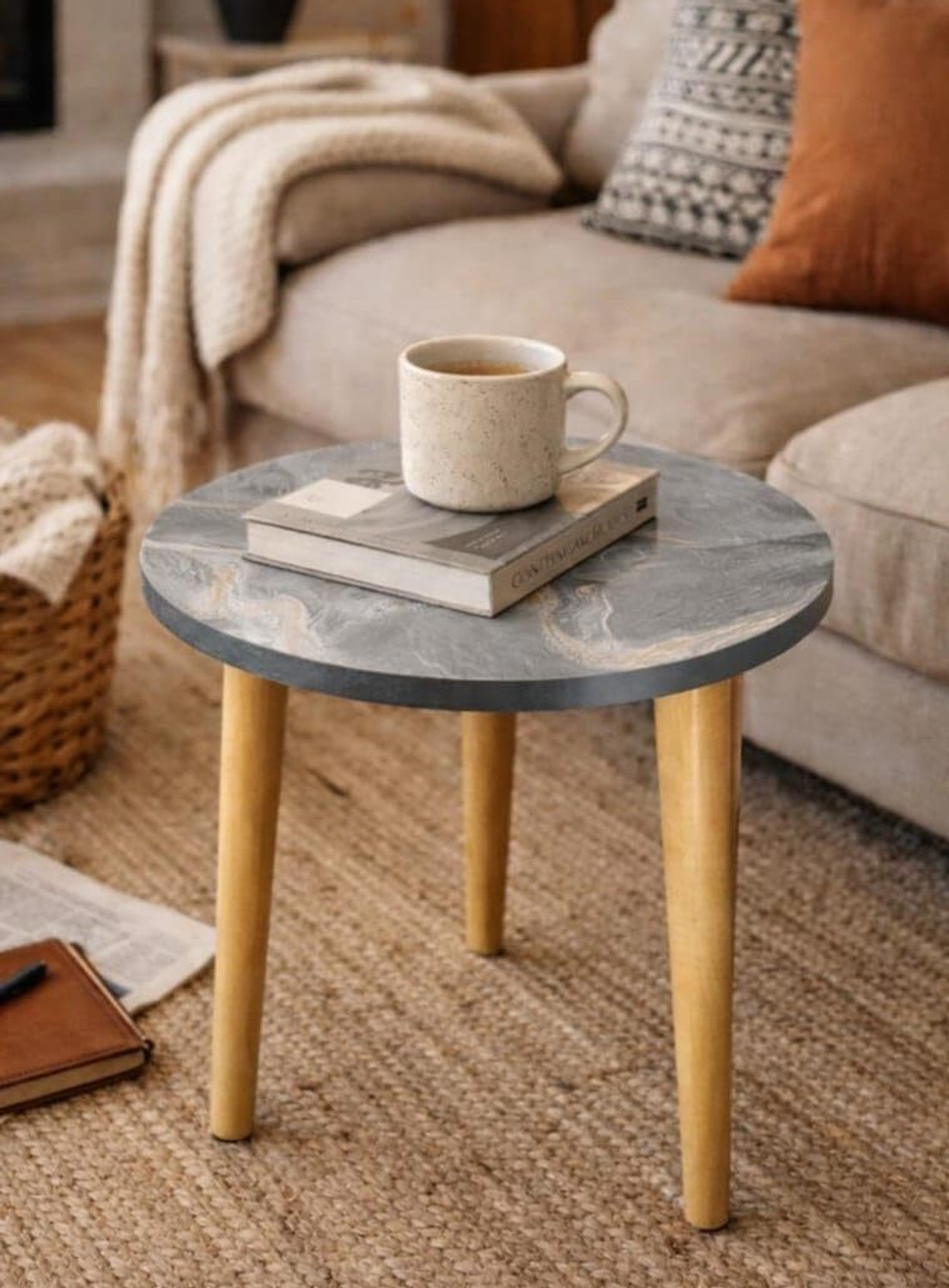 Image of INDCART Small Round End Table MIni Table Side TableFaux Marble Top Solid Wood Side Table Engineered Wood Bedside Table