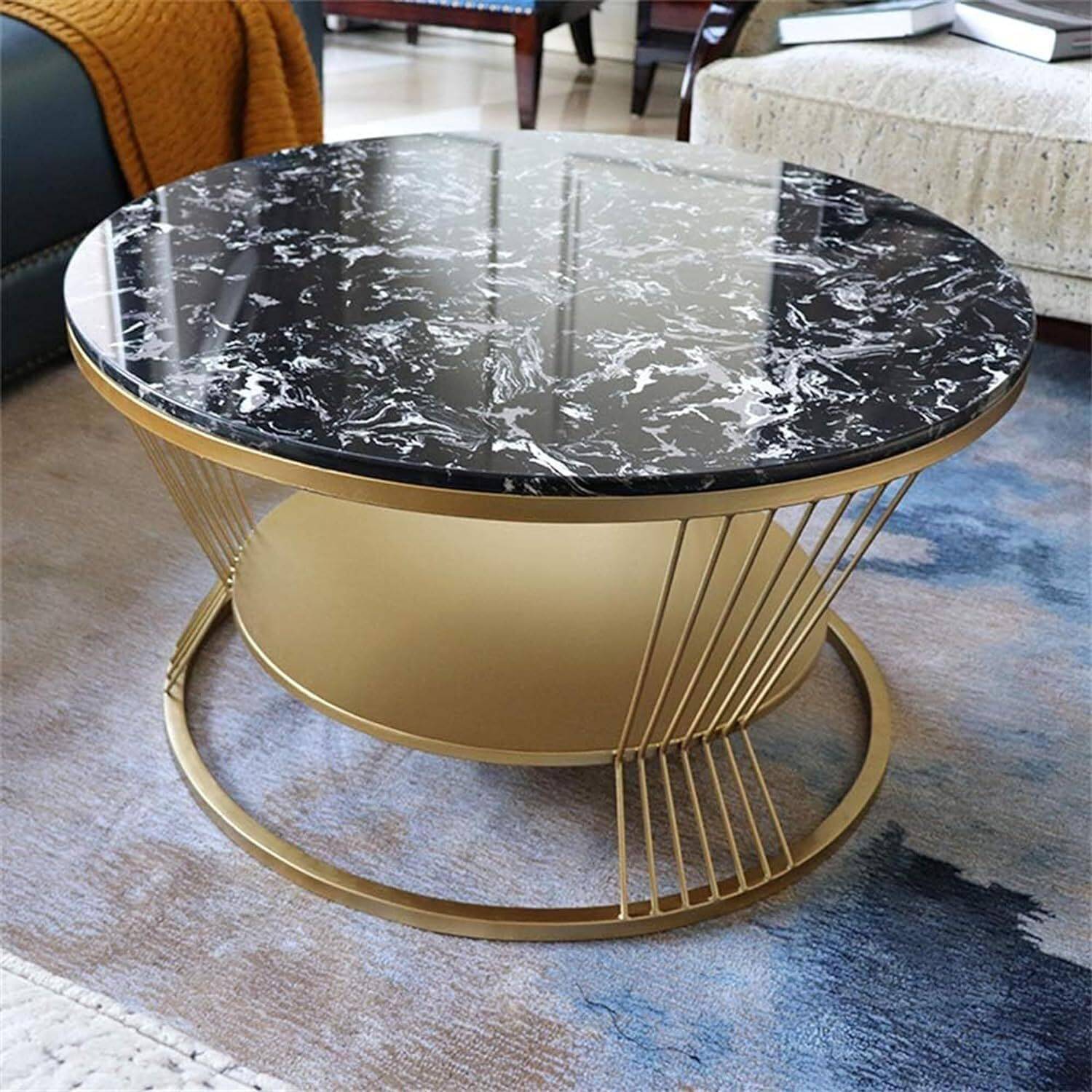 TRENDORA Engineered wood top on a round metal coffee table Engine