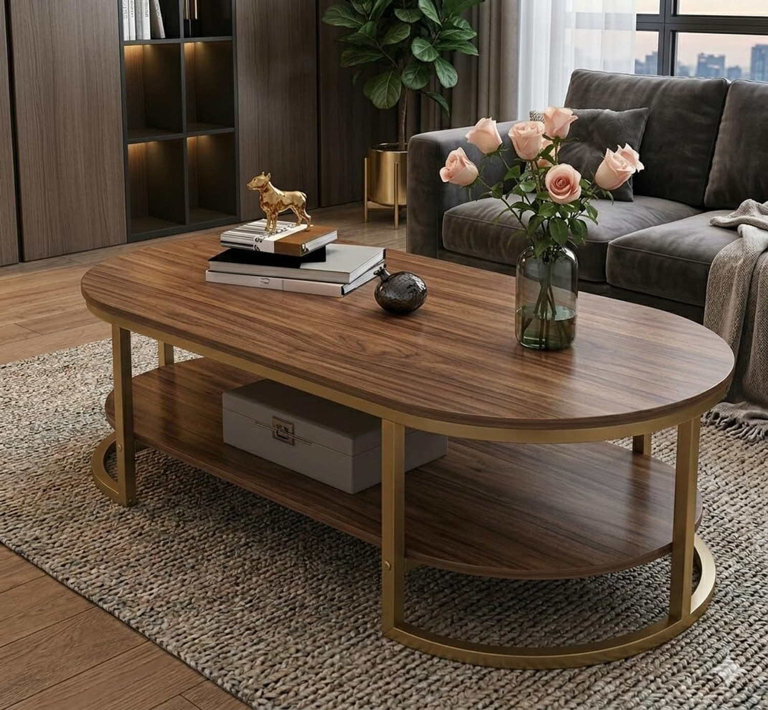 Image of gifto shoppee Modern Oval Coffee Table with Storage,Wooden Center Table with Metal Frame, Engineered Wood Coffee Table