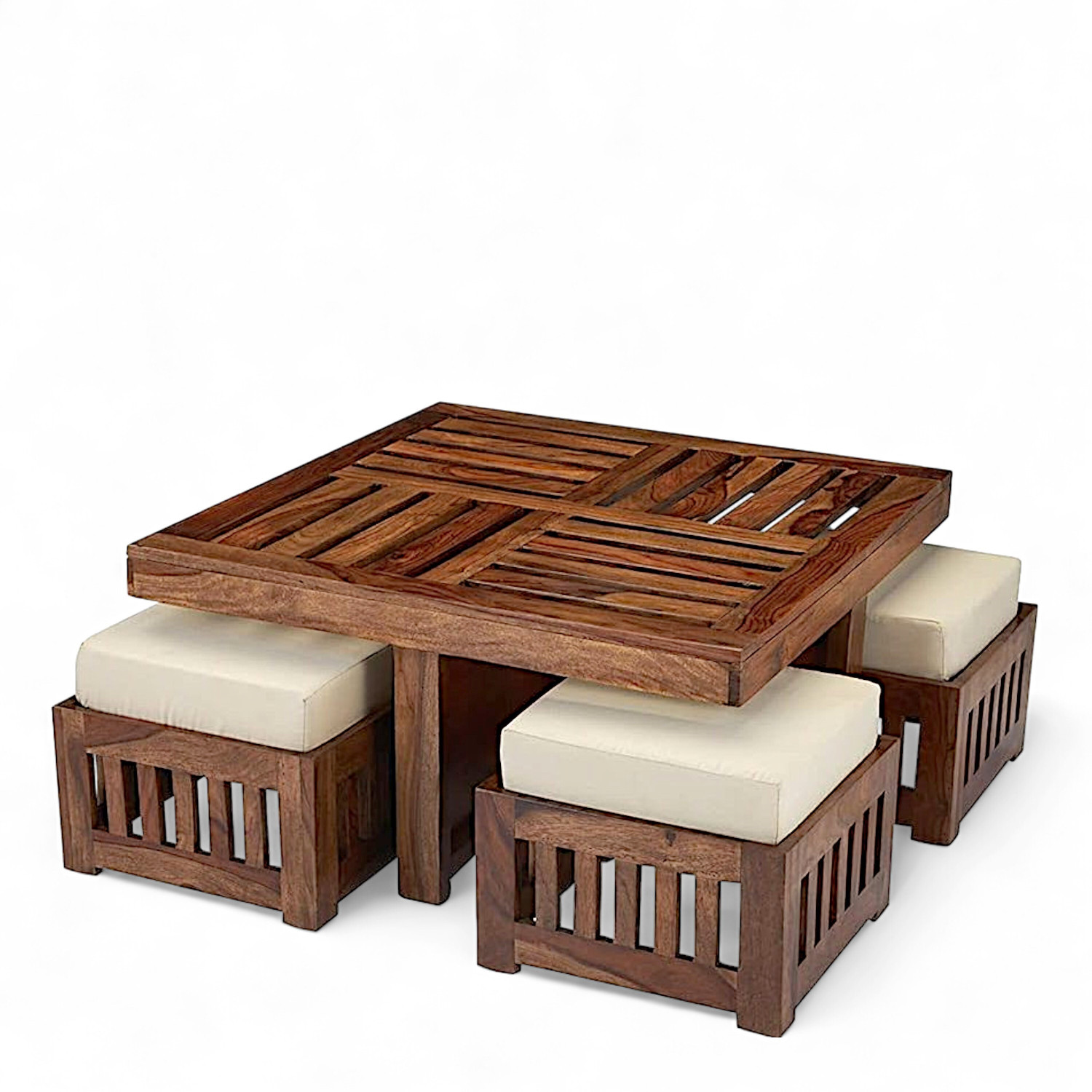 Image of Flipkart Perfect Homes Rosewood (Sheesham) Center Table With 4 Stool Solid Wood Coffee Table