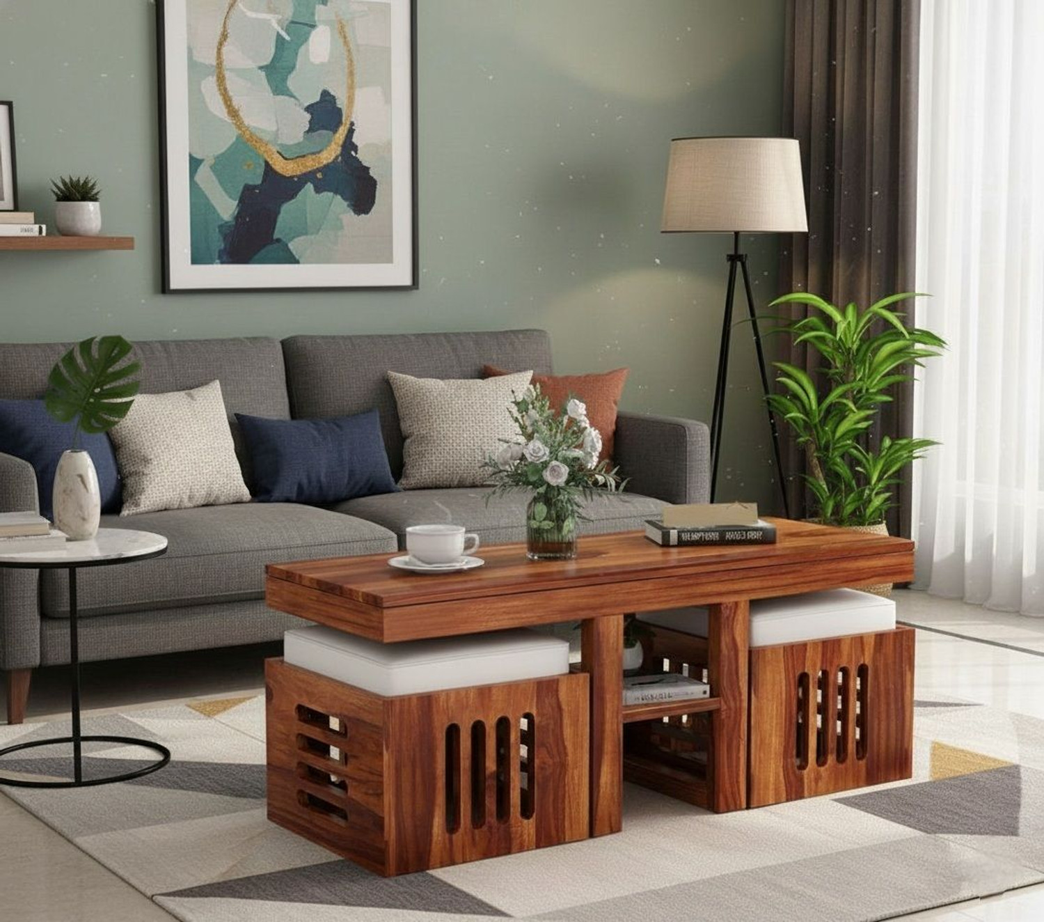 Image of Bhagwati Art Solid Sheesham Wood 2 Stool Coffee Table For | Living room | Hotel | Solid Wood Coffee Table