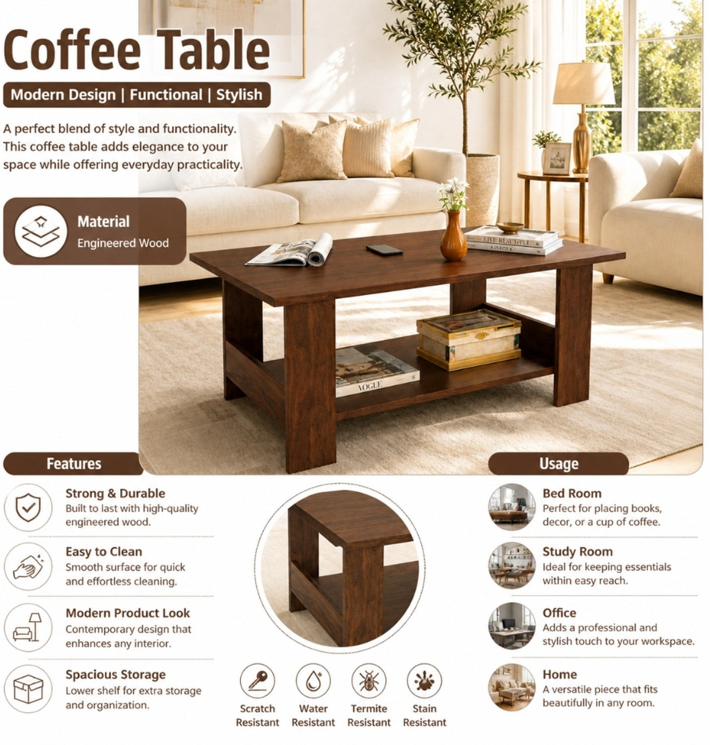 Image of Flipkart Perfect Homes Multipurpose Coffee Table, Console Table, Sofa Table Easy To Assemble Engineered Wood Coffee Table