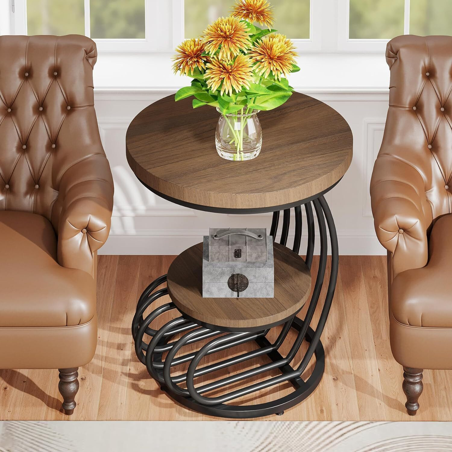 Image of MartDecor Round Marble Top Side Table with Gold Wrought Iron Frame & Storage 16x20 Inch Engineered Wood Coffee Table