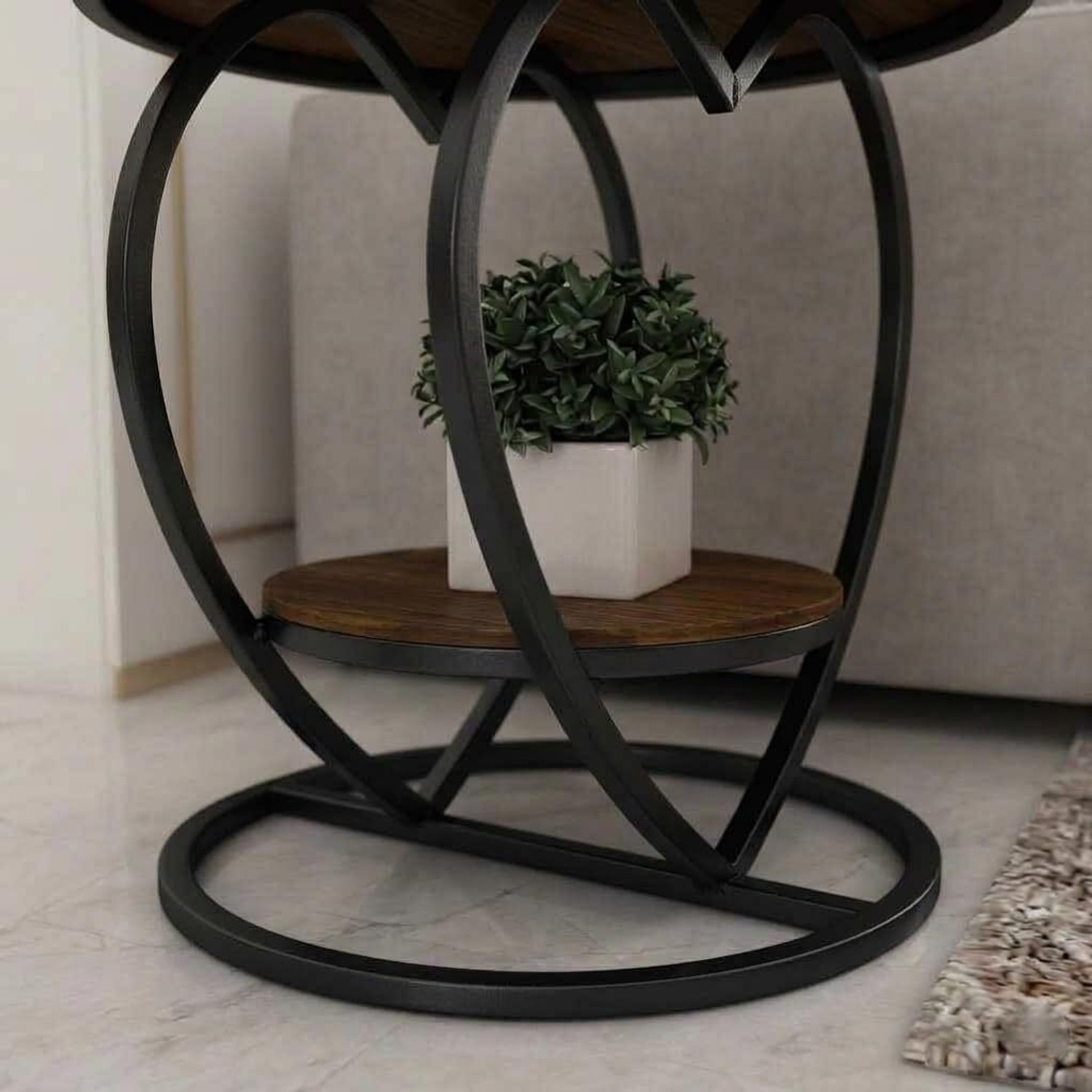 Image of The Flourish Marble Finish Round Coffee Table with Metal Frame & Storage Shelf | Center Table Engineered Wood Coffee Table