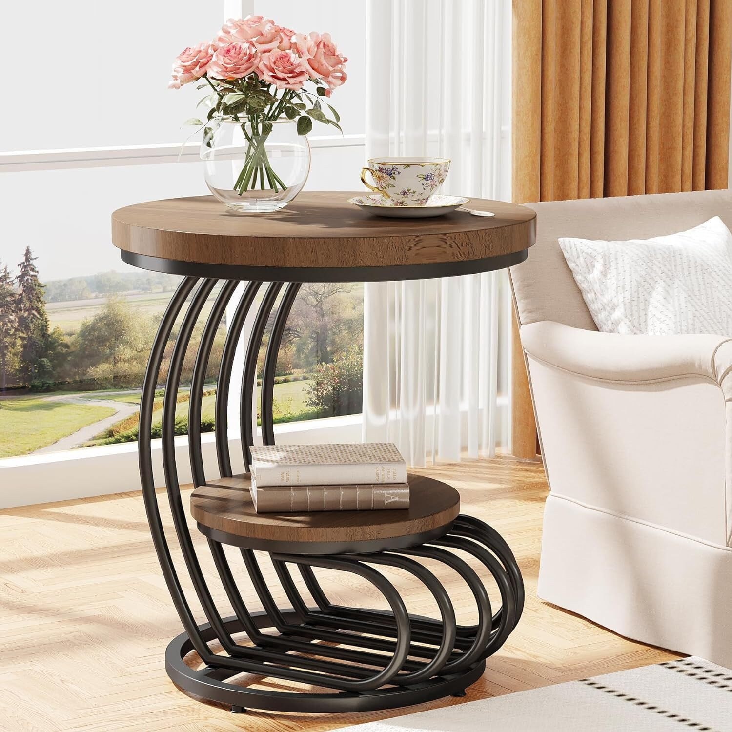 Image of MartDecor Round Marble Top Side Table with Gold Wrought Iron Frame & Storage 16x20 Inch Engineered Wood Coffee Table