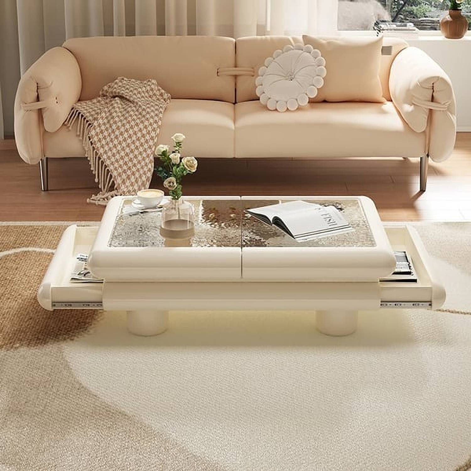 NG Decor Clear & White Modern Multi-functional Large Coffee Table