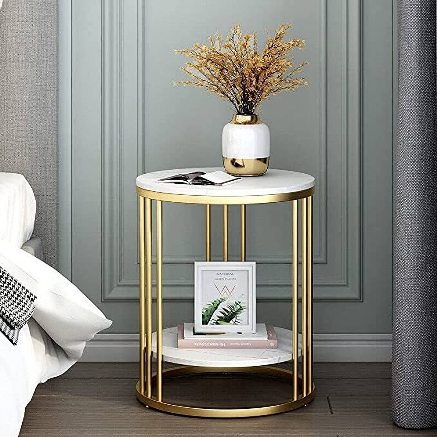 SH WOOD HANDICRAFTS Modern Round Metal Side Table with Marble Fin
