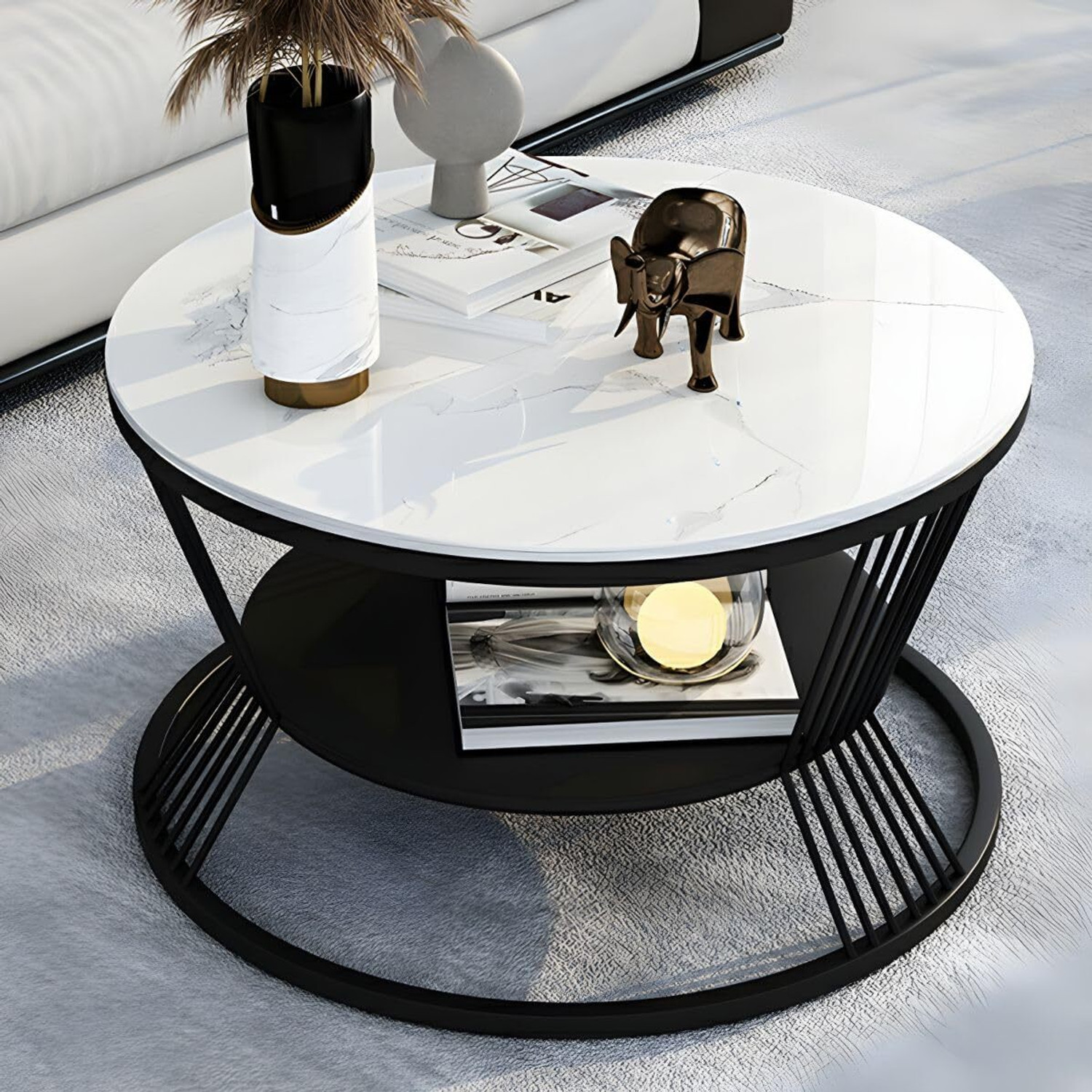 Image of Yusha handicrafts 2-Tier Round Coffee Table with Open Storage Shelf Engineered Wood Coffee Table