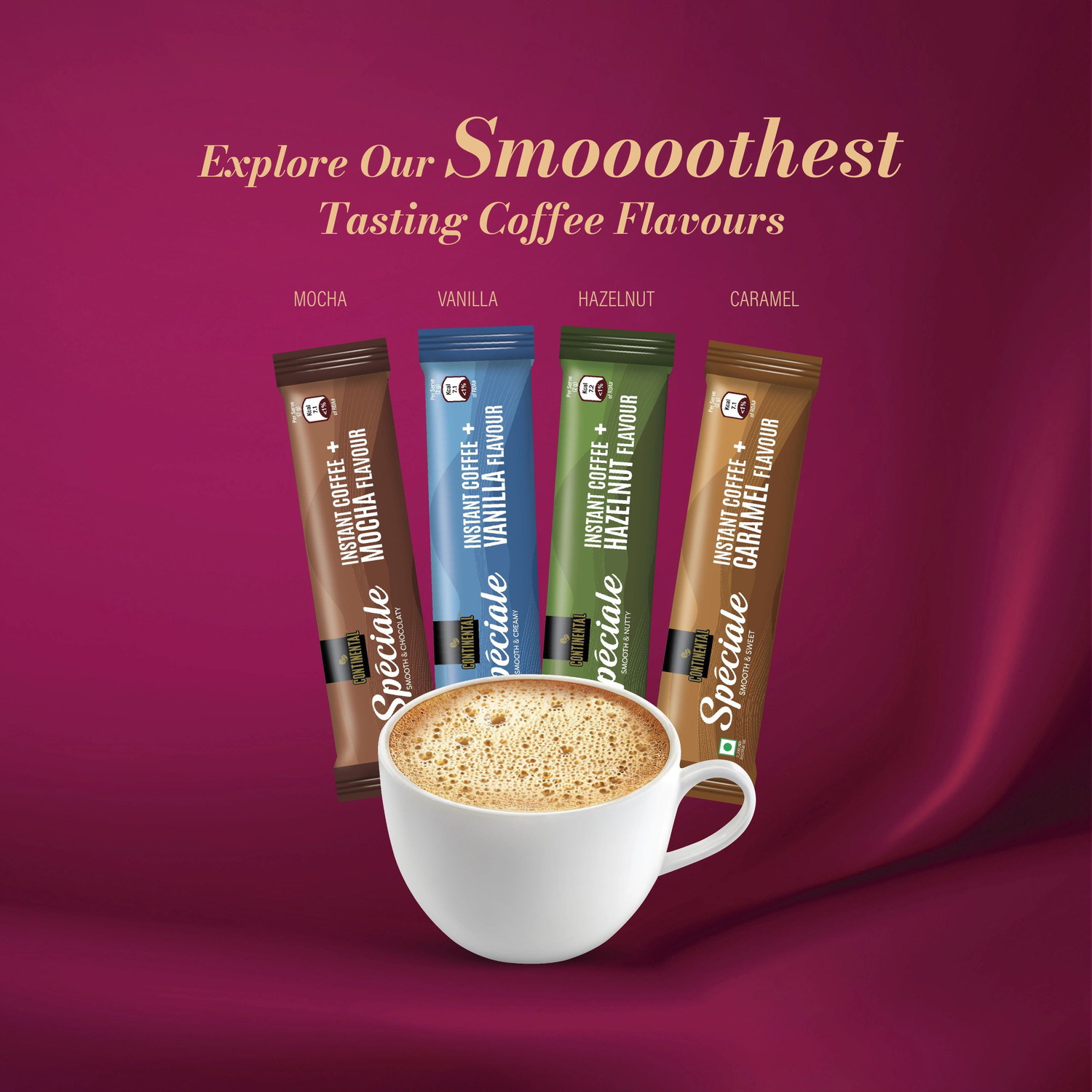Image of Continental Speciale 96 Coffee Sachets | 4 Flavours - Hazelnut, Vanilla, Mocha, Caramel Instant Coffee