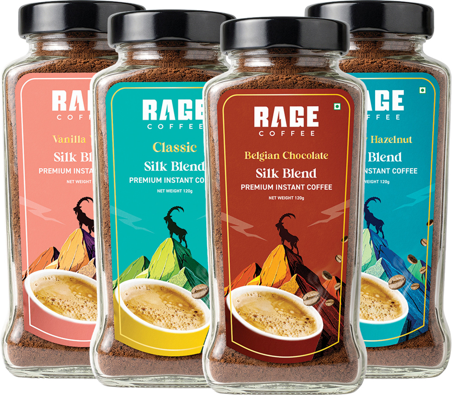 Image of RAGE Silk Blend Combo (Pack of 4) - Classic, Chocolate, Hazelnut & Vanilla 120g each Instant Coffee