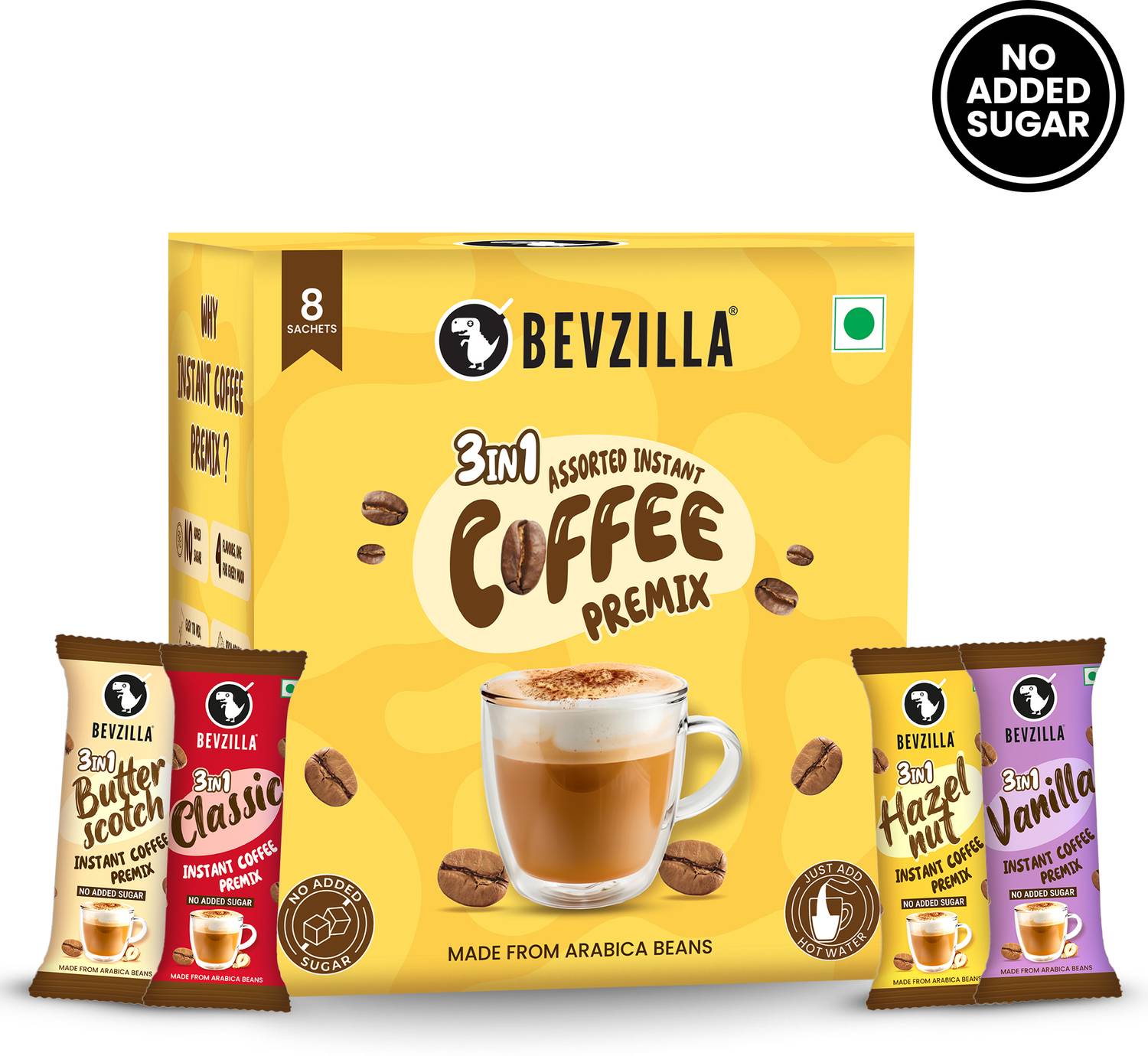 Bevzilla Assorted Instant Premix 3in1 Coffee | 4 Delicious Flavours | Pack of 8 Sachets Instant Coffee