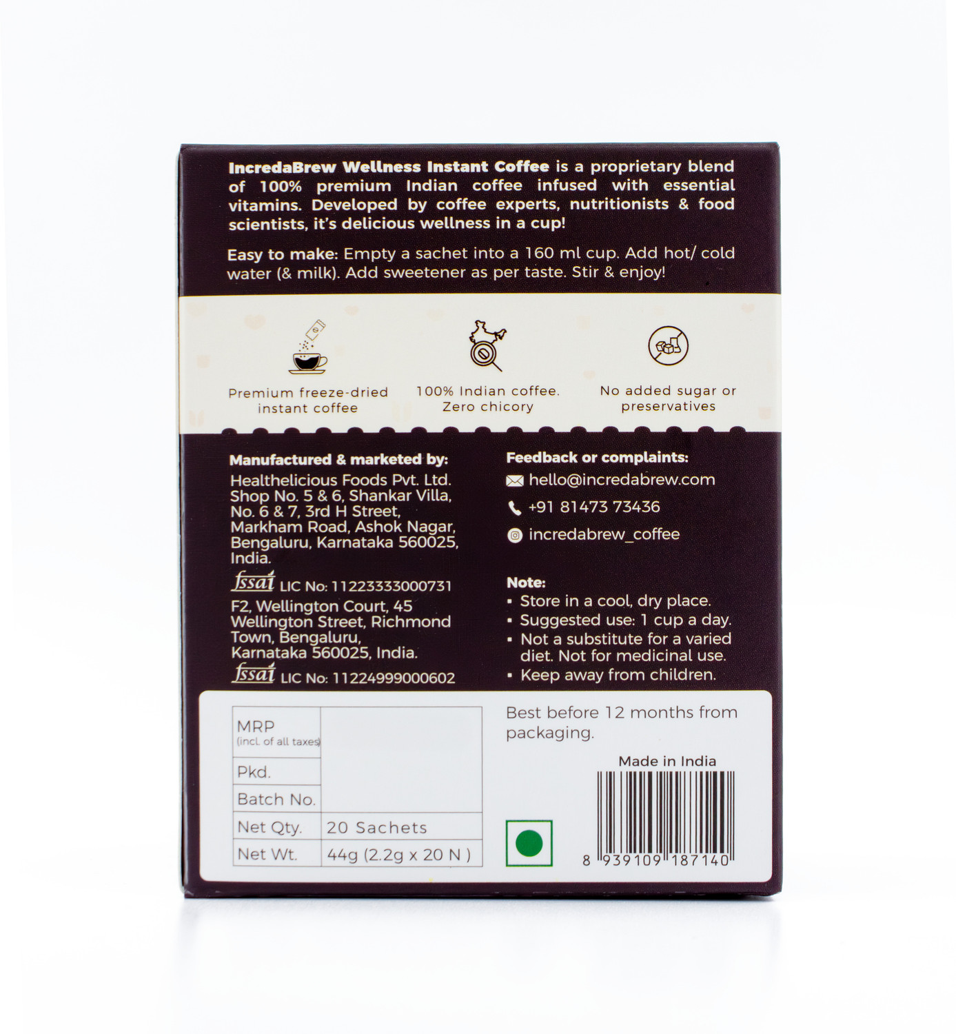 Image of IncredaBrew Dark Chocolate Instant Coffee |Healthy Premium Coffee, 20 Sachets | Instant Coffee